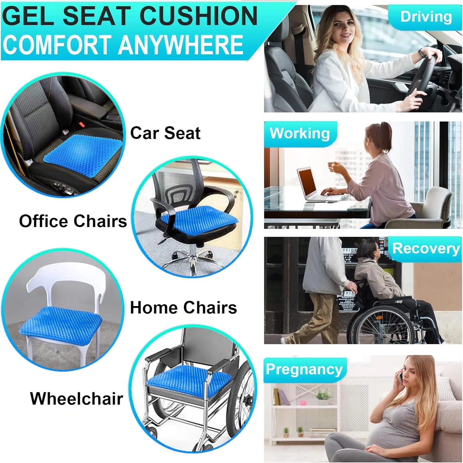 Gel Seat Cushion for Long Sitting - 1.65inch Double Thick Cooling Egg Seat Cushion for Back, Hip, Sciatica, Coccyx, Tailbone Pain Relief - Office Chair Car Seat Cushion – Wheelchair Cushions