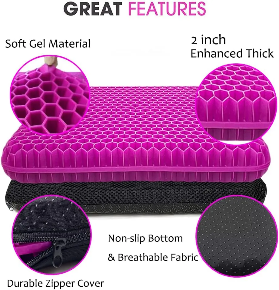 Gel Seat Cushion for Long Sitting, Extra Thick Gel Cushion for Wheelchair Soft Chair Pads Cushion for Office Home Chairs Car Seats Long Trips - Back Sciatica Hip Tailbone Pain Relief Cushion (Violet)