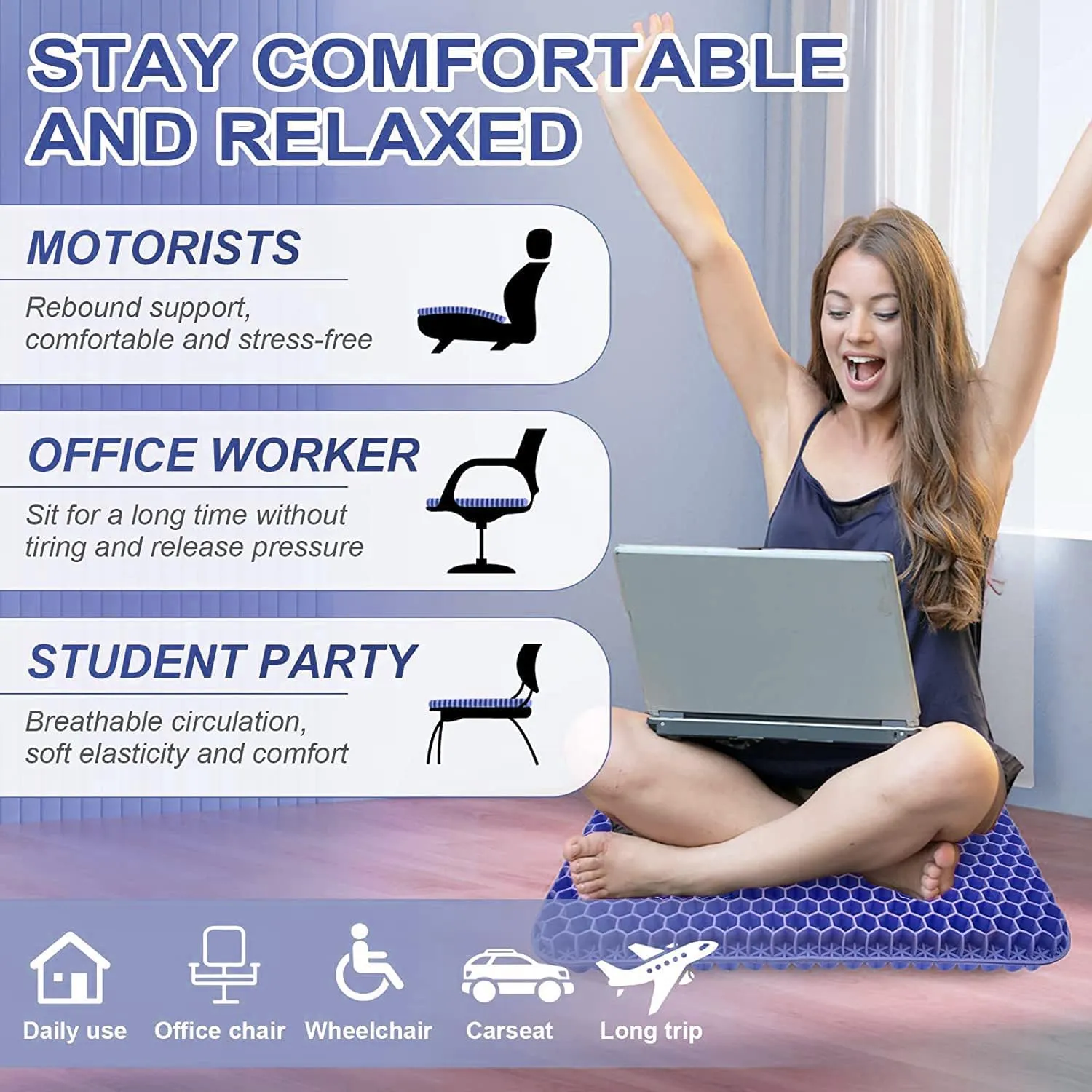 Gel Seat Cushion, Jumbo&Thick Gel Cushion Chair Pads with Non-Slip Cover for Home Office Car Seat Wheelchair, Soft Breathable Honeycomb Seat Pads for Relieve Hip Pain, Blue 20x20x1.9inch