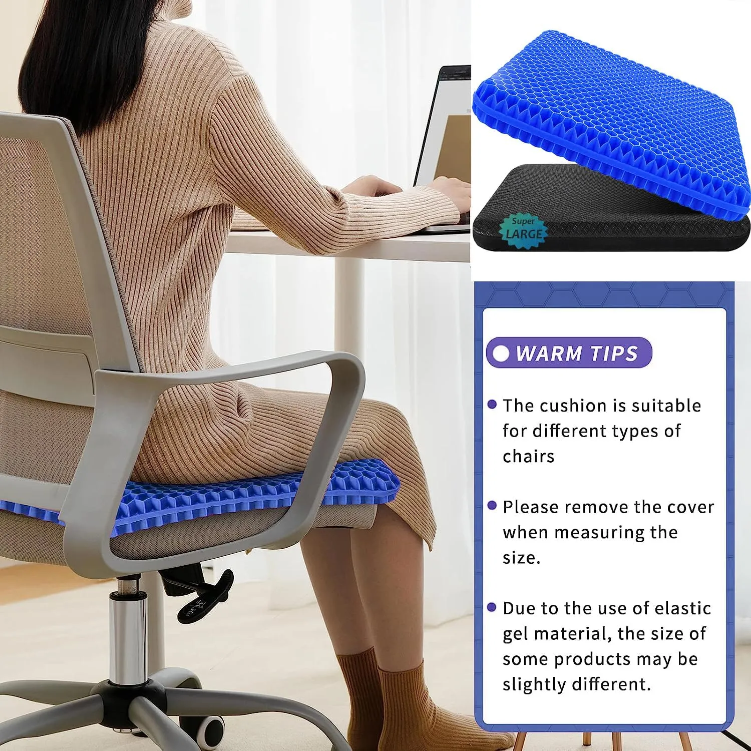 Gel Seat Cushion, Jumbo&Thick Gel Cushion Chair Pads with Non-Slip Cover for Home Office Car Seat Wheelchair, Soft Breathable Honeycomb Seat Pads for Relieve Hip Pain, Blue 20x20x1.9inch