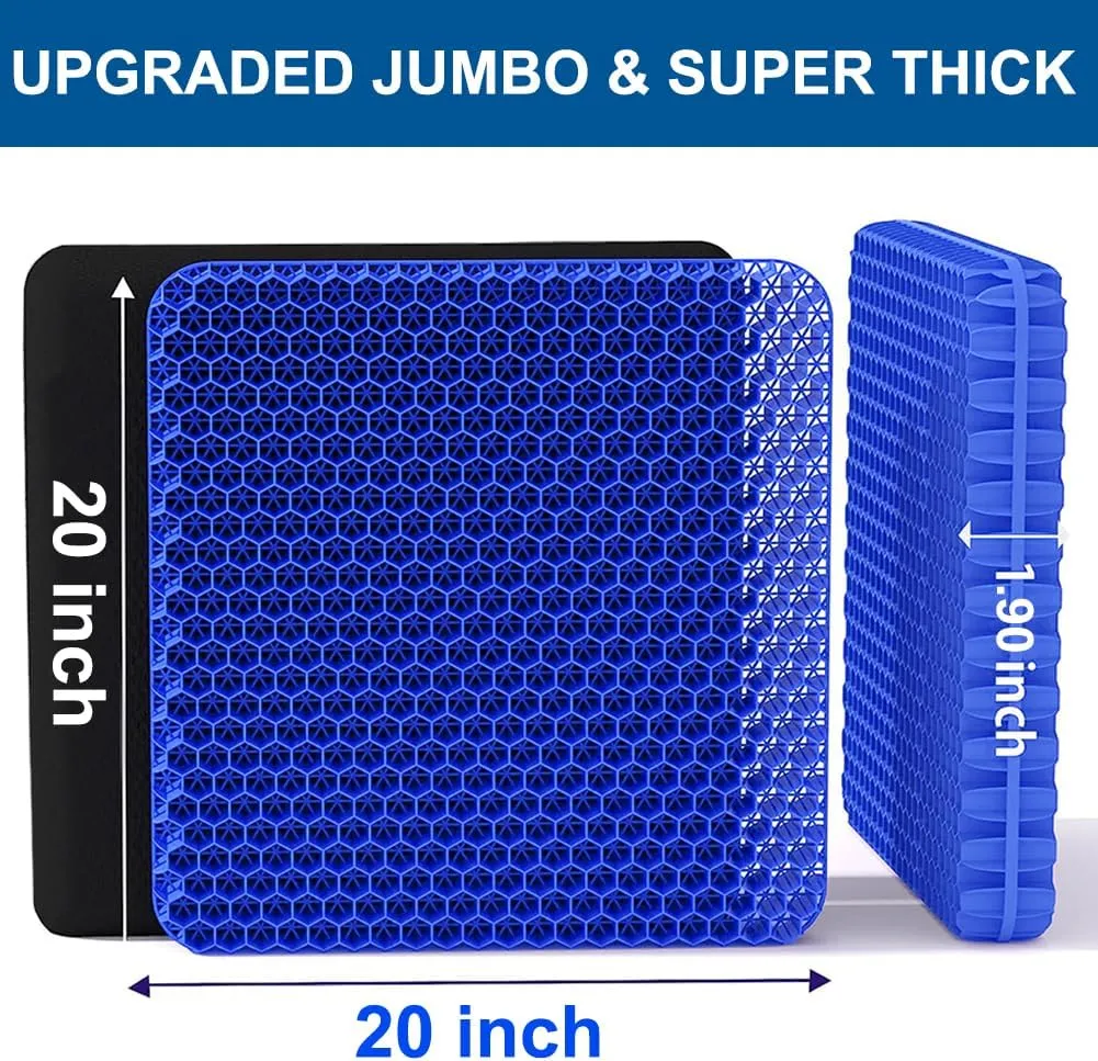 Gel Seat Cushion, Jumbo&Thick Gel Cushion Chair Pads with Non-Slip Cover for Home Office Car Seat Wheelchair, Soft Breathable Honeycomb Seat Pads for Relieve Hip Pain, Blue 20x20x1.9inch