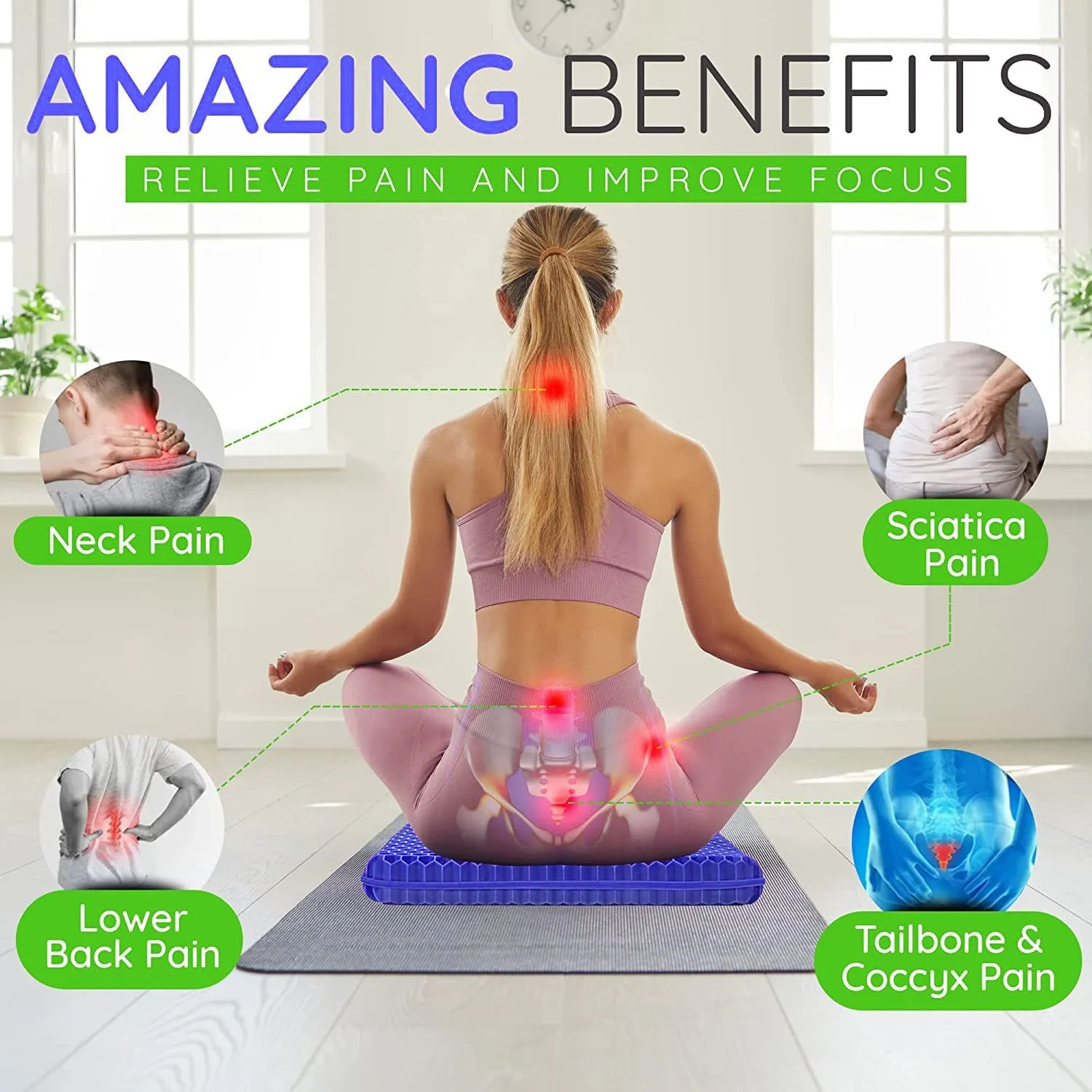 Gel Seat Cushion, Jumbo&Thick Gel Cushion Chair Pads with Non-Slip Cover for Home Office Car Seat Wheelchair, Soft Breathable Honeycomb Seat Pads for Relieve Hip Pain, Blue 20x20x1.9inch