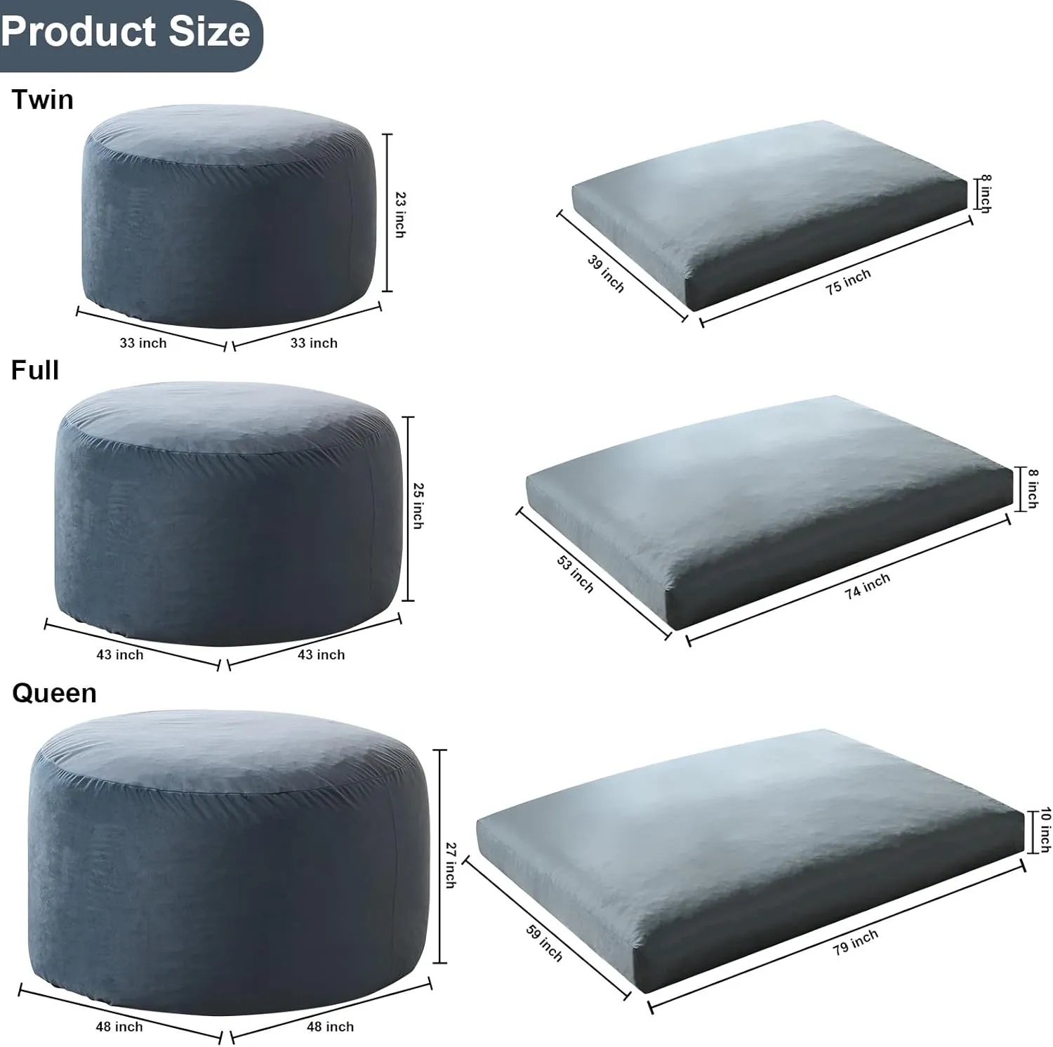 Giant Bean Bag Chair Bed for Adults with Memory Foam Filling, Convertible Beanbag Folds from Lazy Chair to Floor Bean Bag Bed, Large Floor Sofa Couch for Whole Family, Machine Washable，Full