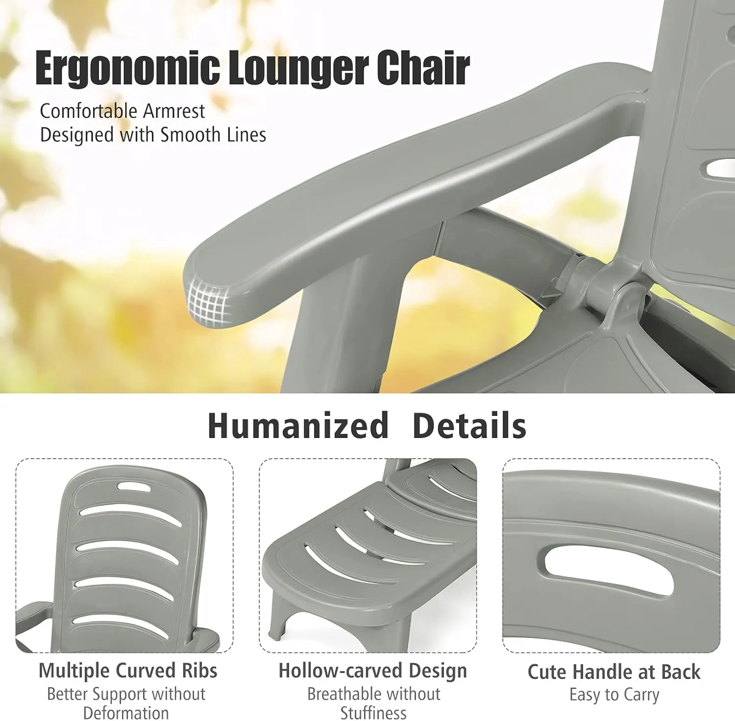 Giantex Patio Chaise Lounge Recliner on Wheels, Folding Deck Chair with Armrests, 5 Adjustable Positions for Poolside, Yard, Garden Rolling Outdoor Lounger Sunbathing Beach Chair(2, Gray)