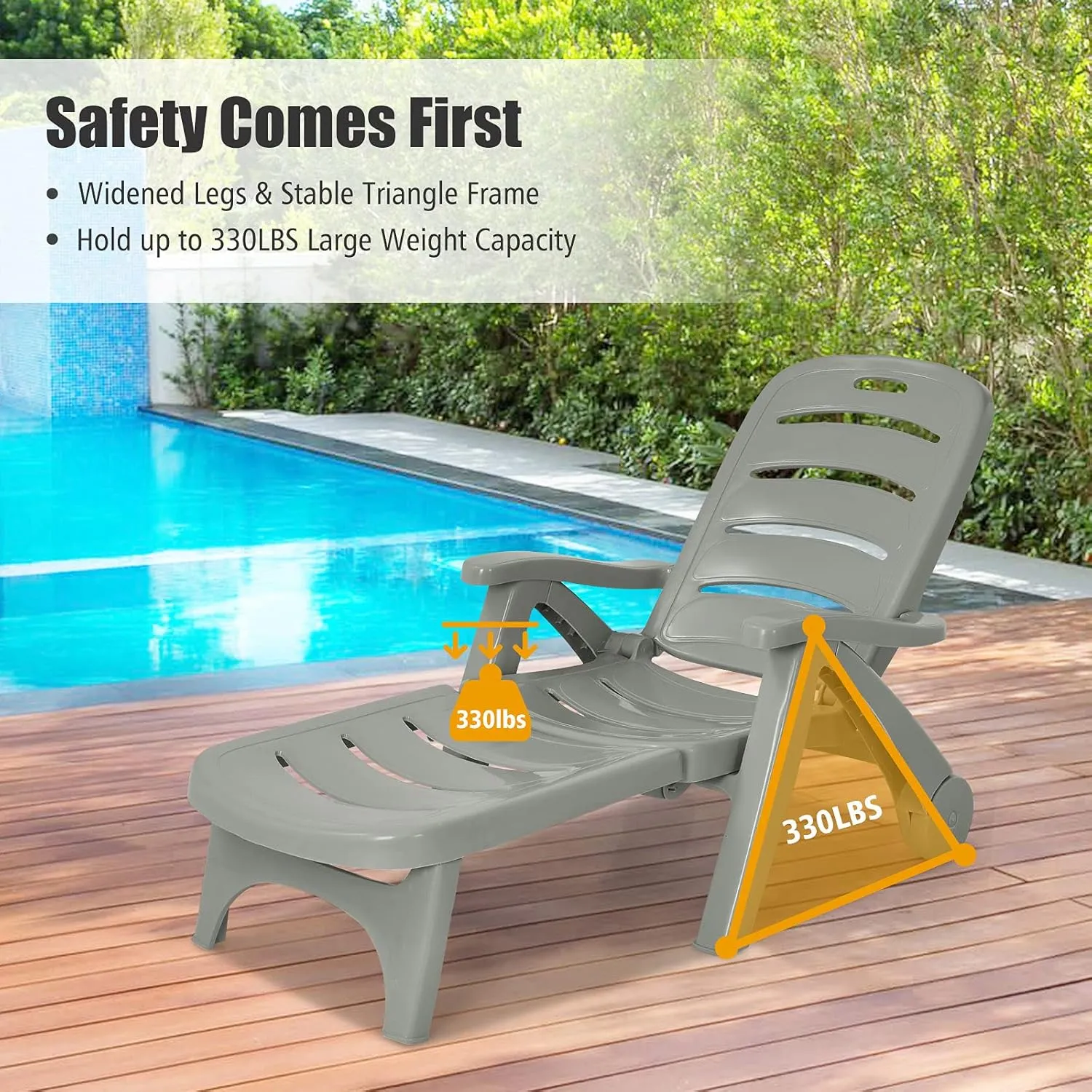 Giantex Patio Chaise Lounge Recliner on Wheels, Folding Deck Chair with Armrests, 5 Adjustable Positions for Poolside, Yard, Garden Rolling Outdoor Lounger Sunbathing Beach Chair(2, Gray)