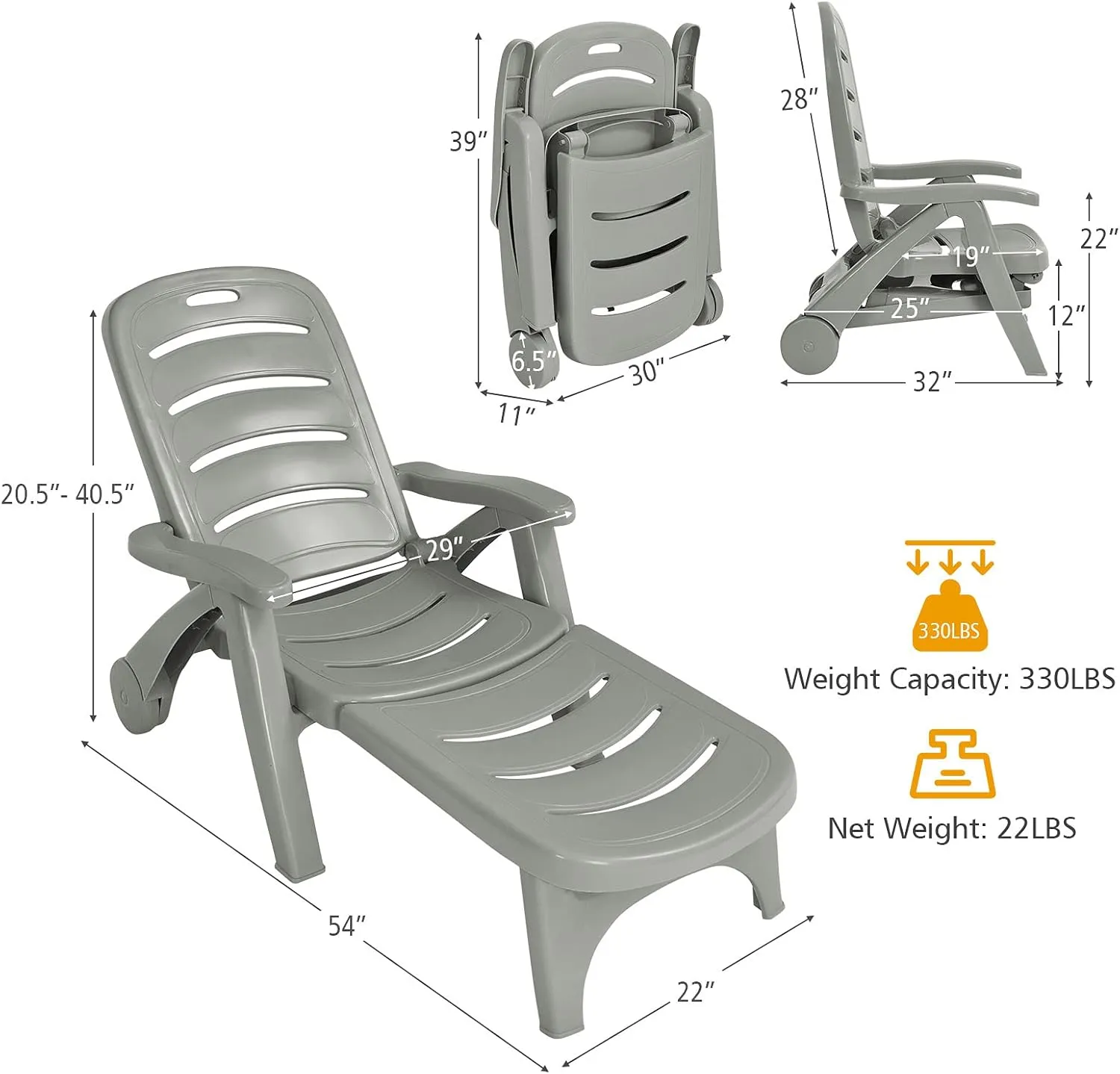 Giantex Patio Chaise Lounge Recliner on Wheels, Folding Deck Chair with Armrests, 5 Adjustable Positions for Poolside, Yard, Garden Rolling Outdoor Lounger Sunbathing Beach Chair(2, Gray)