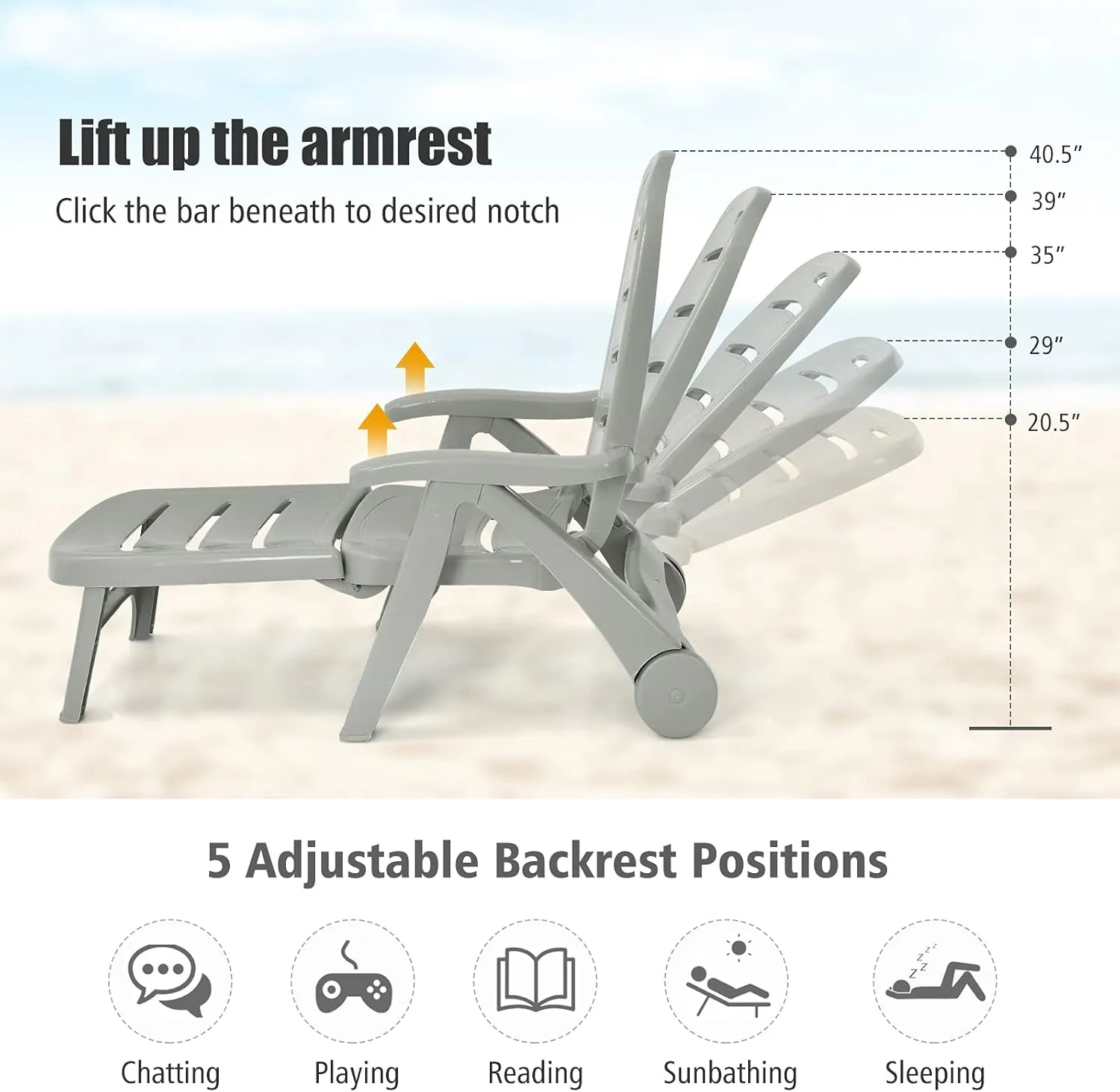 Giantex Patio Chaise Lounge Recliner on Wheels, Folding Deck Chair with Armrests, 5 Adjustable Positions for Poolside, Yard, Garden Rolling Outdoor Lounger Sunbathing Beach Chair(2, Gray)