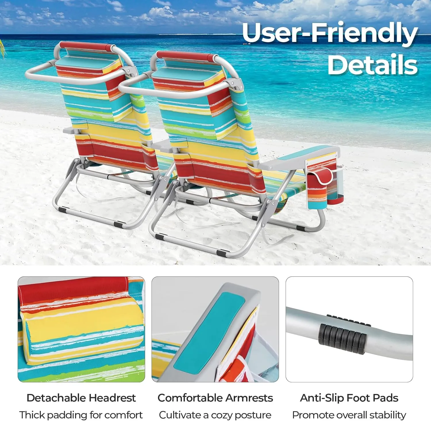 Goplus Beach Chair, 330lbs Folding Backpack Chairs for Adults with 5-Position Backrest, Storage Pockets, Towel Bar & Headrest, Foldable Low Beach Lounge, Portable Aluminum Lay Flat Camping Chair