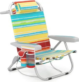Goplus Beach Chair, 330lbs Folding Backpack Chairs for Adults with 5-Position Backrest, Storage Pockets, Towel Bar & Headrest, Foldable Low Beach Lounge, Portable Aluminum Lay Flat Camping Chair