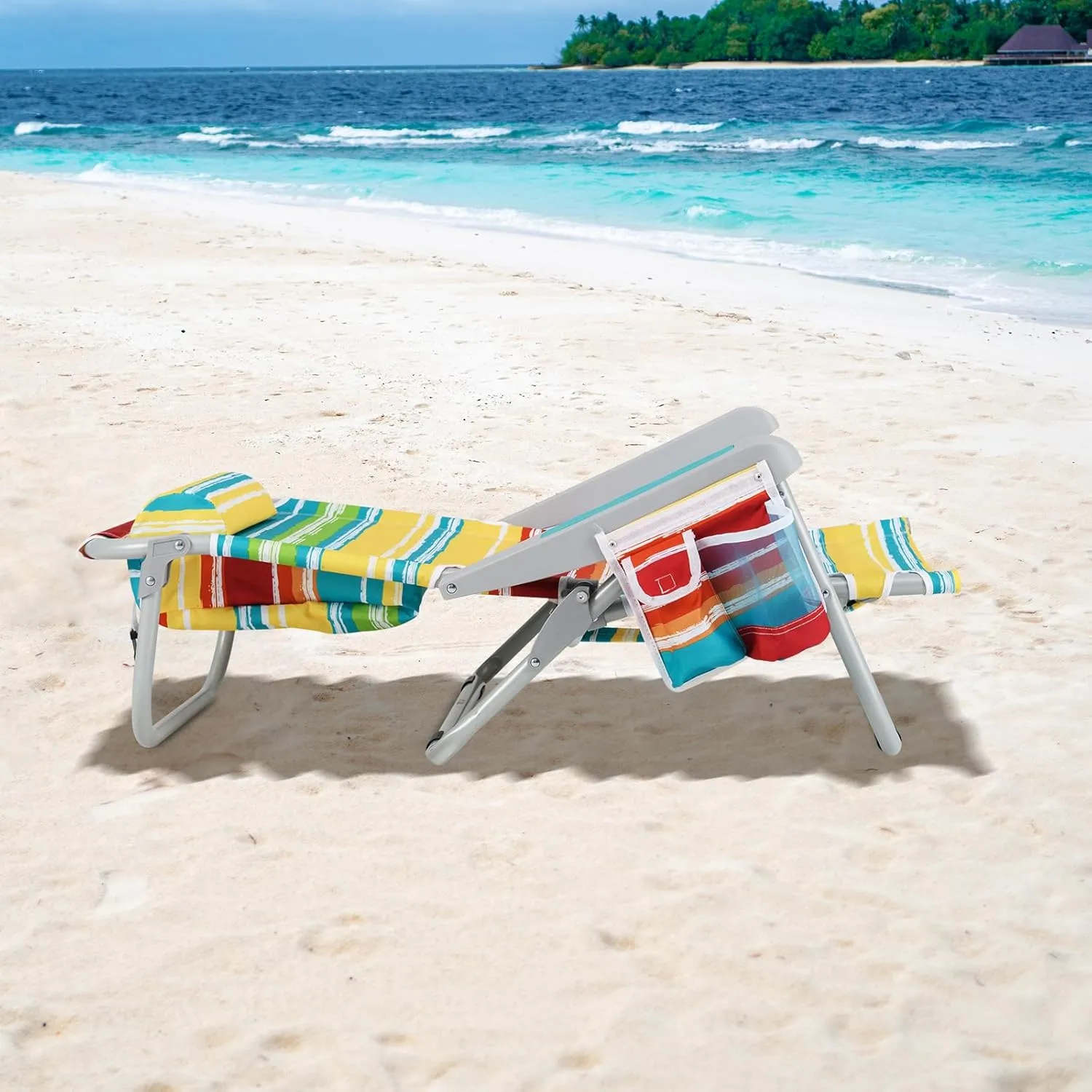 Goplus Beach Chair, 330lbs Folding Backpack Chairs for Adults with 5-Position Backrest, Storage Pockets, Towel Bar & Headrest, Foldable Low Beach Lounge, Portable Aluminum Lay Flat Camping Chair