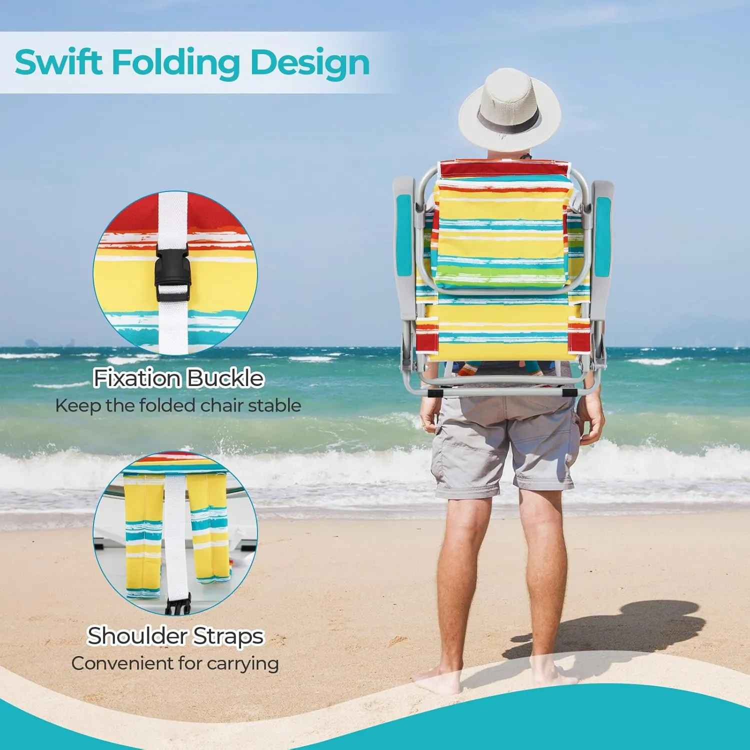 Goplus Beach Chair, 330lbs Folding Backpack Chairs for Adults with 5-Position Backrest, Storage Pockets, Towel Bar & Headrest, Foldable Low Beach Lounge, Portable Aluminum Lay Flat Camping Chair