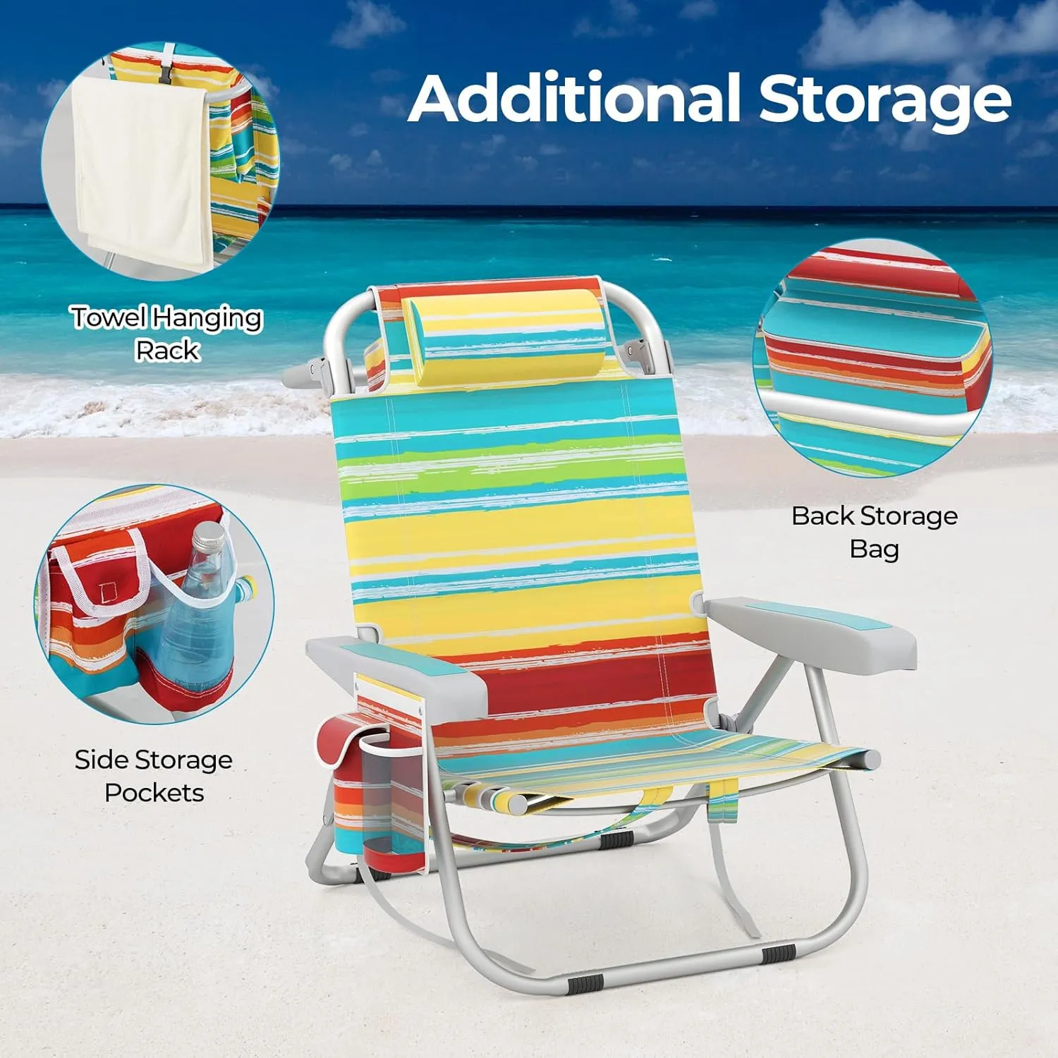 Goplus Beach Chair, 330lbs Folding Backpack Chairs for Adults with 5-Position Backrest, Storage Pockets, Towel Bar & Headrest, Foldable Low Beach Lounge, Portable Aluminum Lay Flat Camping Chair