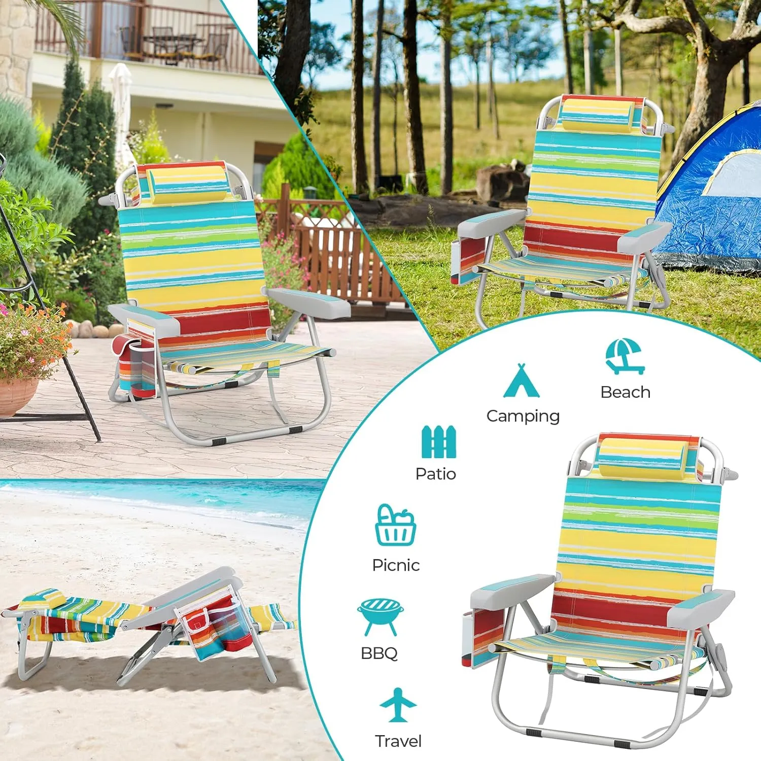 Goplus Beach Chair, 330lbs Folding Backpack Chairs for Adults with 5-Position Backrest, Storage Pockets, Towel Bar & Headrest, Foldable Low Beach Lounge, Portable Aluminum Lay Flat Camping Chair