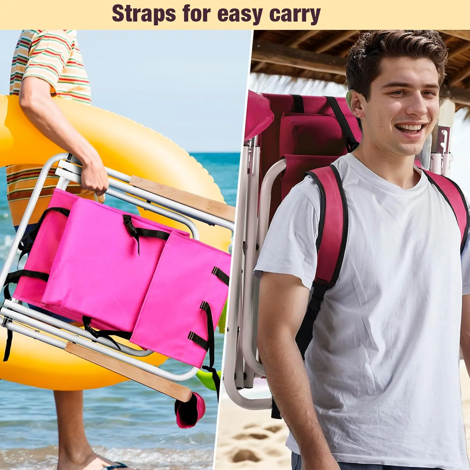 Goujxcy Backpack Beach Chair, Folding Camping Chair Beach Lounge Chair Portable Lightweight Outdoor Lounge Chairs Patio Chairs with Cup Holder(Pink)