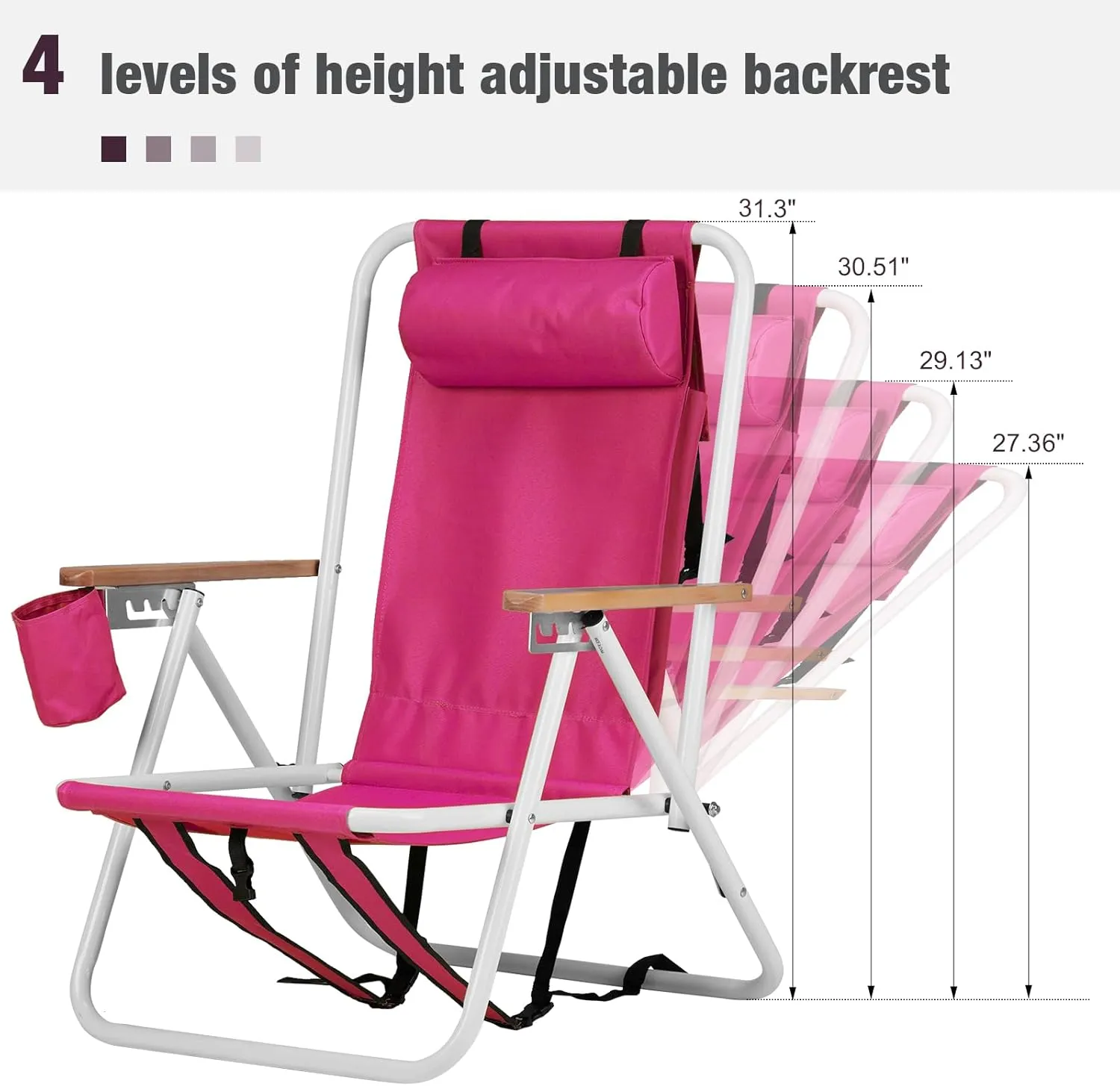 Goujxcy Backpack Beach Chair, Folding Camping Chair Beach Lounge Chair Portable Lightweight Outdoor Lounge Chairs Patio Chairs with Cup Holder(Pink)