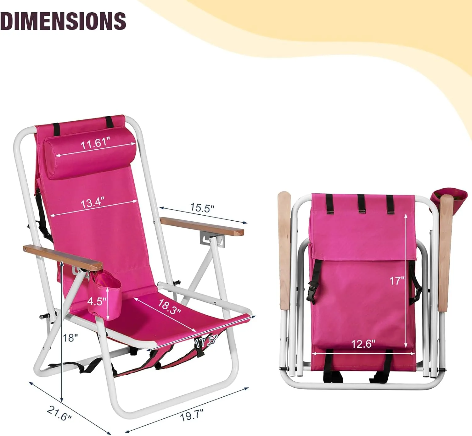 Goujxcy Backpack Beach Chair, Folding Camping Chair Beach Lounge Chair Portable Lightweight Outdoor Lounge Chairs Patio Chairs with Cup Holder(Pink)