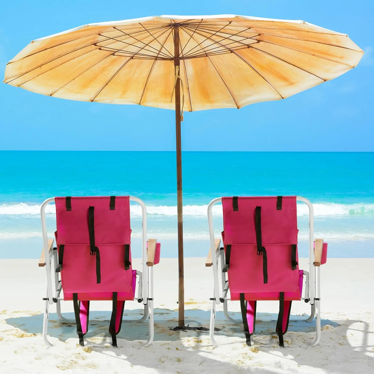 Goujxcy Backpack Beach Chair, Folding Camping Chair Beach Lounge Chair Portable Lightweight Outdoor Lounge Chairs Patio Chairs with Cup Holder(Pink)