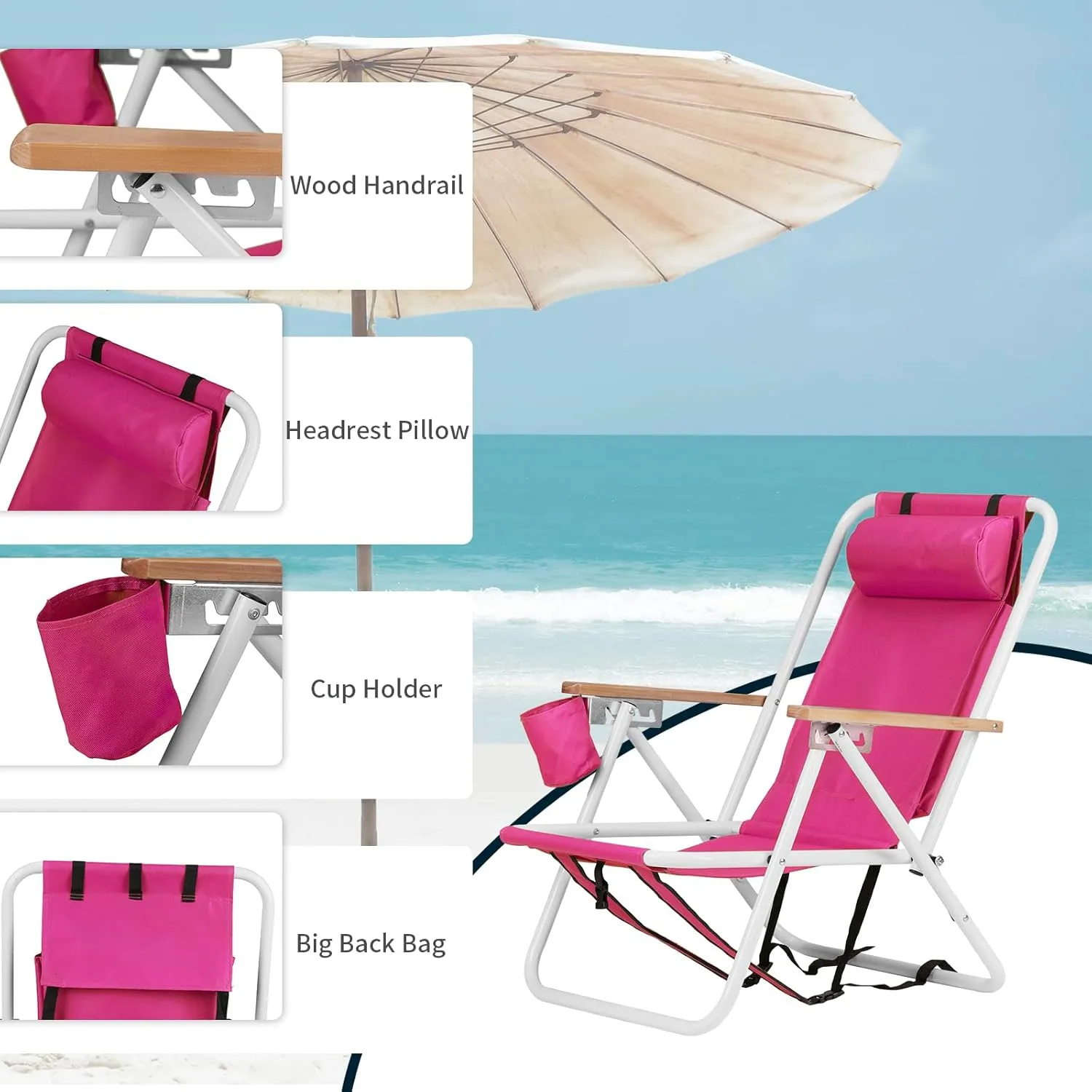 Goujxcy Backpack Beach Chair, Folding Camping Chair Beach Lounge Chair Portable Lightweight Outdoor Lounge Chairs Patio Chairs with Cup Holder(Pink)