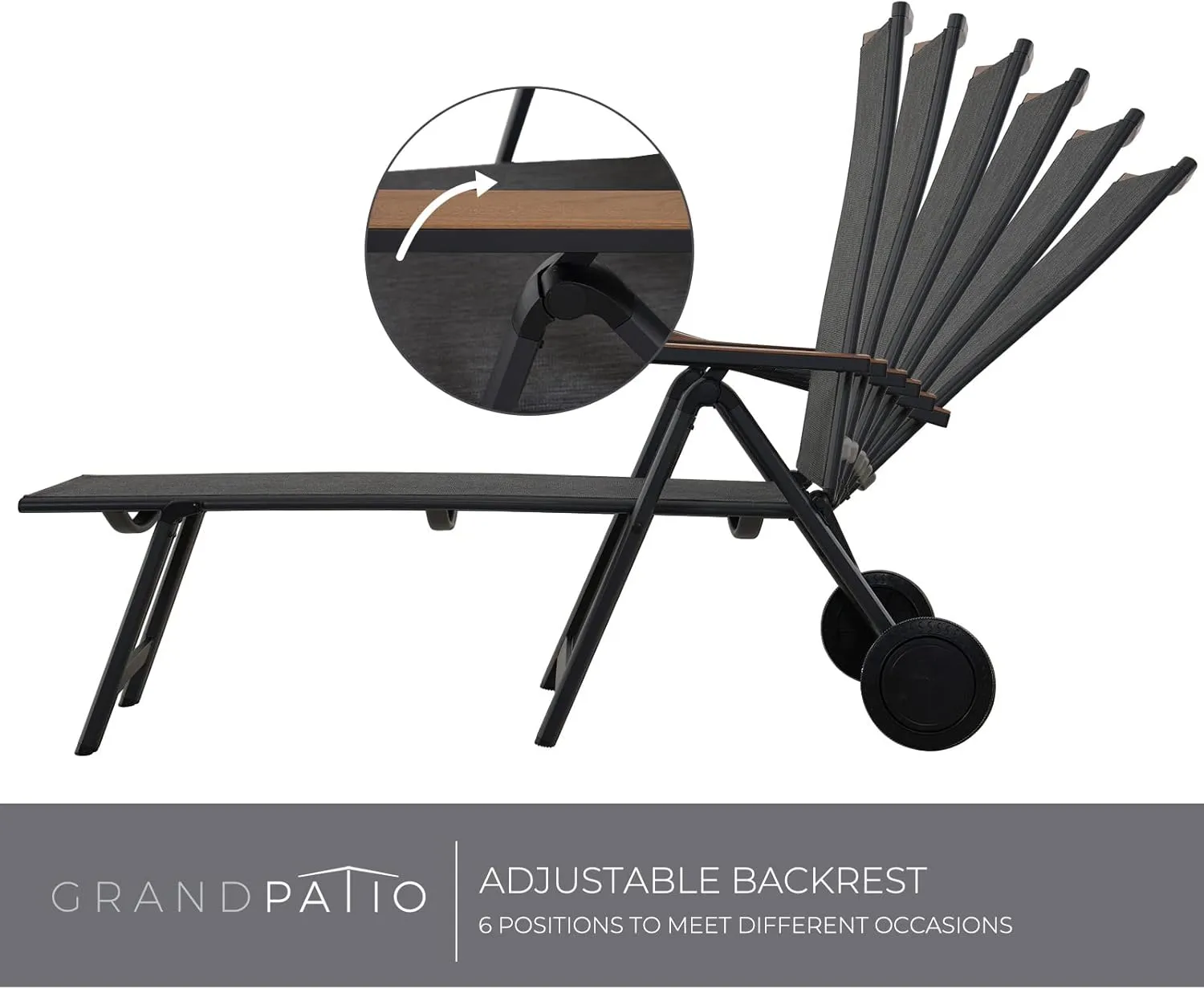 Grand patio Outdoor Chaise Lounge Chair with 6-Position Adjustable Sling Backrest, Aluminum Folding Portable Wood Grain Chair with Wheels for Beach, Backyard, Poolside, Lawn
