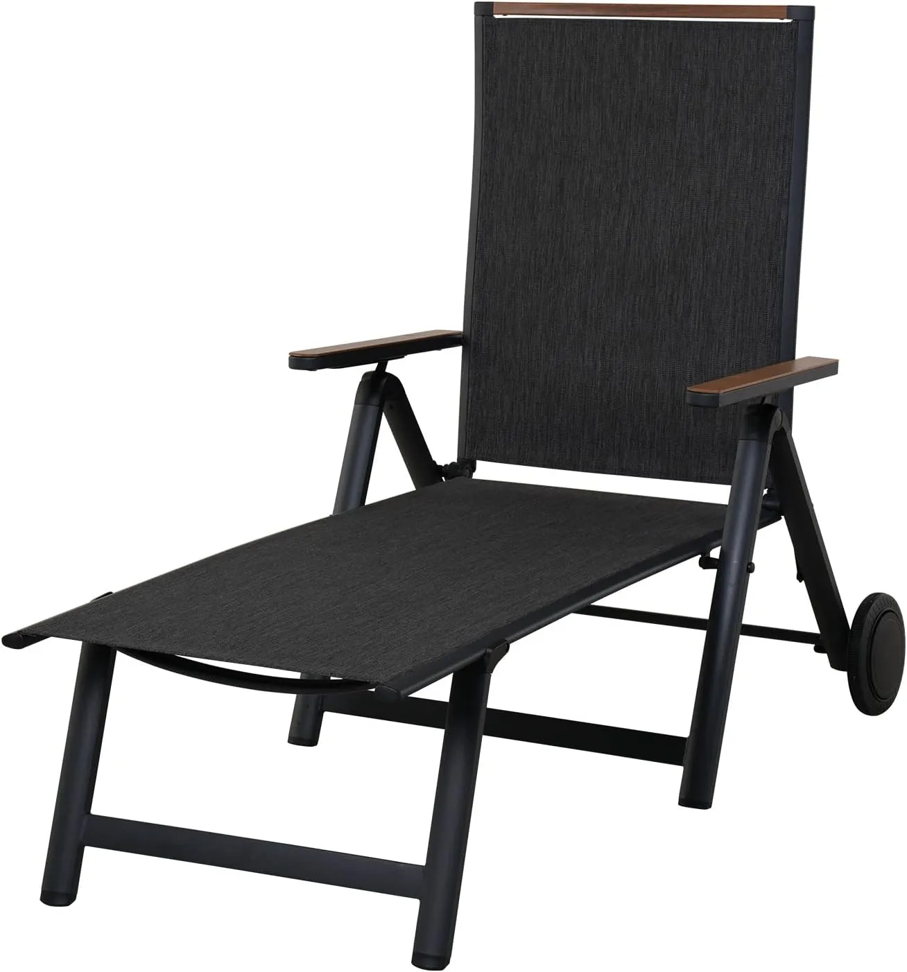 Grand patio Outdoor Chaise Lounge Chair with 6-Position Adjustable Sling Backrest, Aluminum Folding Portable Wood Grain Chair with Wheels for Beach, Backyard, Poolside, Lawn