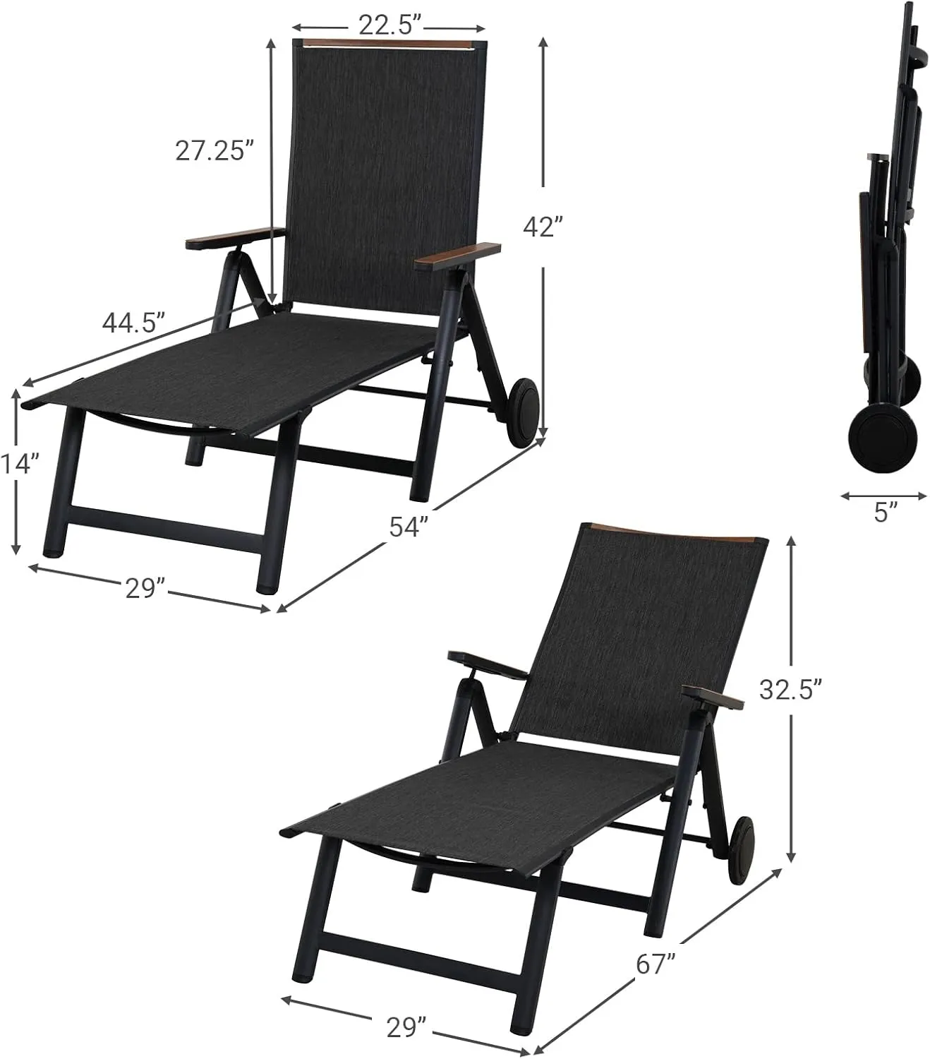 Grand patio Outdoor Chaise Lounge Chair with 6-Position Adjustable Sling Backrest, Aluminum Folding Portable Wood Grain Chair with Wheels for Beach, Backyard, Poolside, Lawn