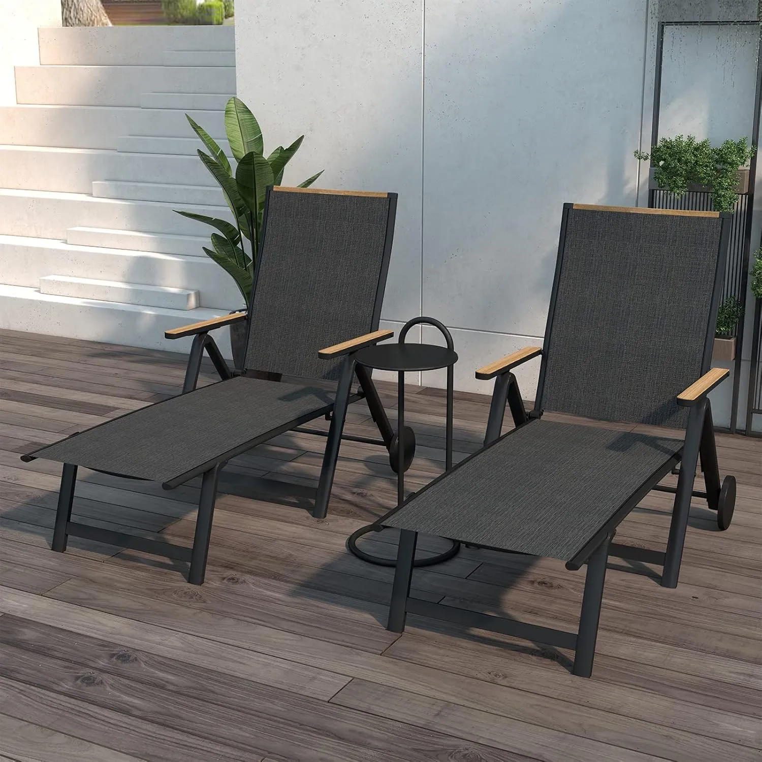Grand patio Outdoor Chaise Lounge Chair with 6-Position Adjustable Sling Backrest, Aluminum Folding Portable Wood Grain Chair with Wheels for Beach, Backyard, Poolside, Lawn