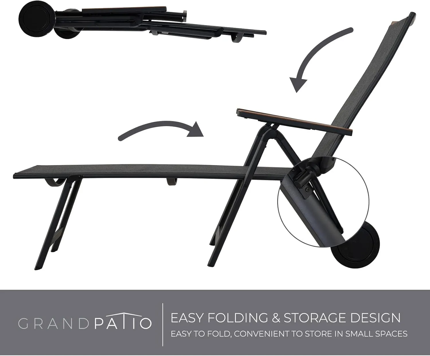 Grand patio Outdoor Chaise Lounge Chair with 6-Position Adjustable Sling Backrest, Aluminum Folding Portable Wood Grain Chair with Wheels for Beach, Backyard, Poolside, Lawn