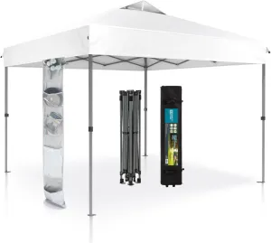 GREEN PARTY 10x10 ft Pop Up Canopy Tent, 1-Person Setup Instant Outdoor Canopy with Vented Top, Wheeled Carry Bag, 4 Ropes & 4 Sandbag - White