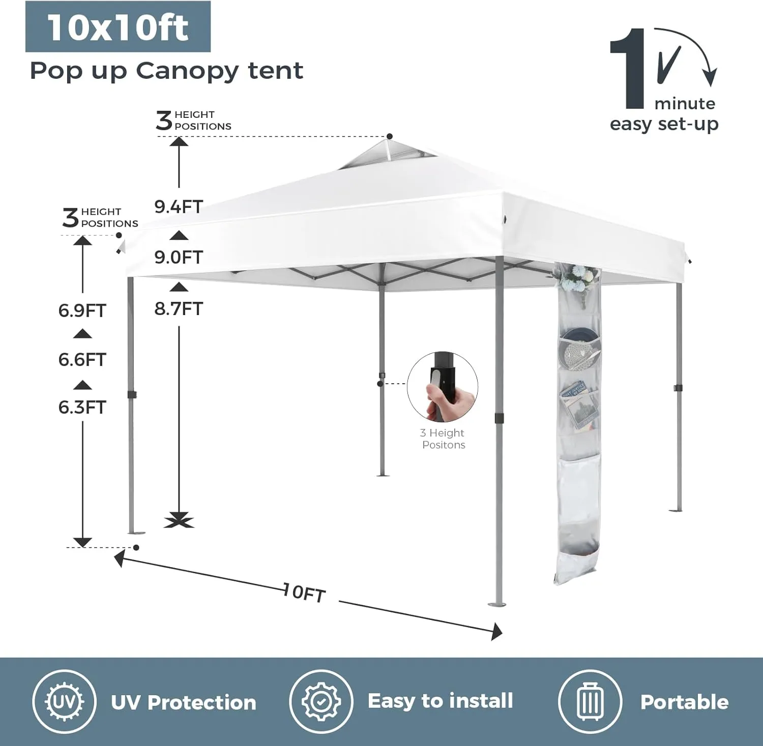GREEN PARTY 10x10 ft Pop Up Canopy Tent, 1-Person Setup Instant Outdoor Canopy with Vented Top, Wheeled Carry Bag, 4 Ropes & 4 Sandbag - White