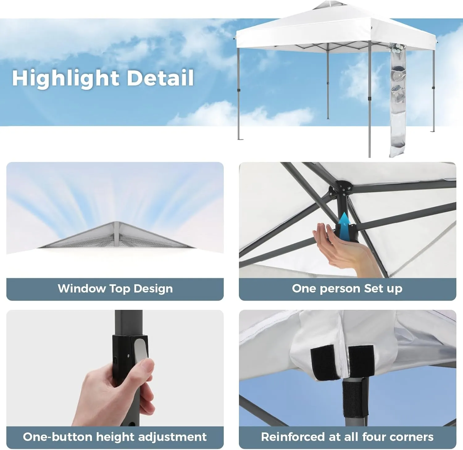 GREEN PARTY 10x10 ft Pop Up Canopy Tent, 1-Person Setup Instant Outdoor Canopy with Vented Top, Wheeled Carry Bag, 4 Ropes & 4 Sandbag - White