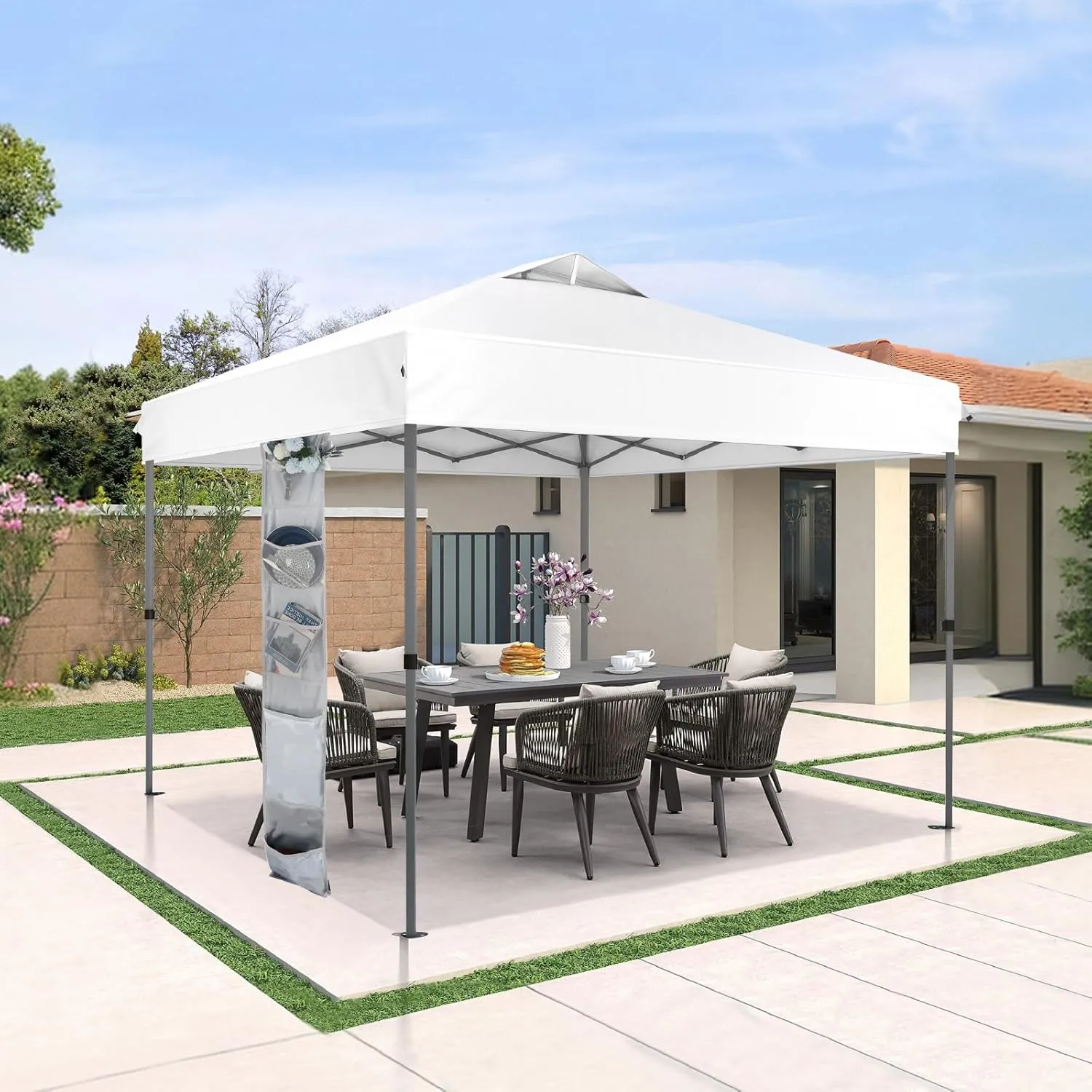 GREEN PARTY 10x10 ft Pop Up Canopy Tent, 1-Person Setup Instant Outdoor Canopy with Vented Top, Wheeled Carry Bag, 4 Ropes & 4 Sandbag - White