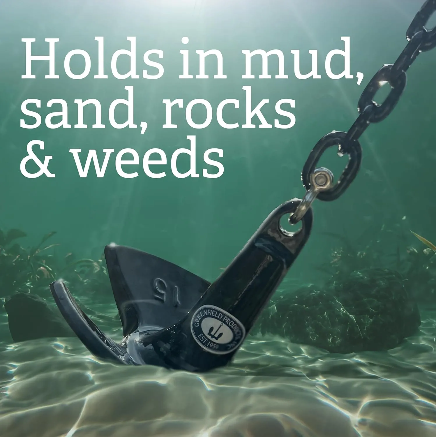 Greenfield Complete River Anchor Kit, USA-Made. Includes Coated Boat Anchor, Poly Coated Anchor Chain, 100 ft Anchor Line, and Shackles. Best for Lakes and Rivers.