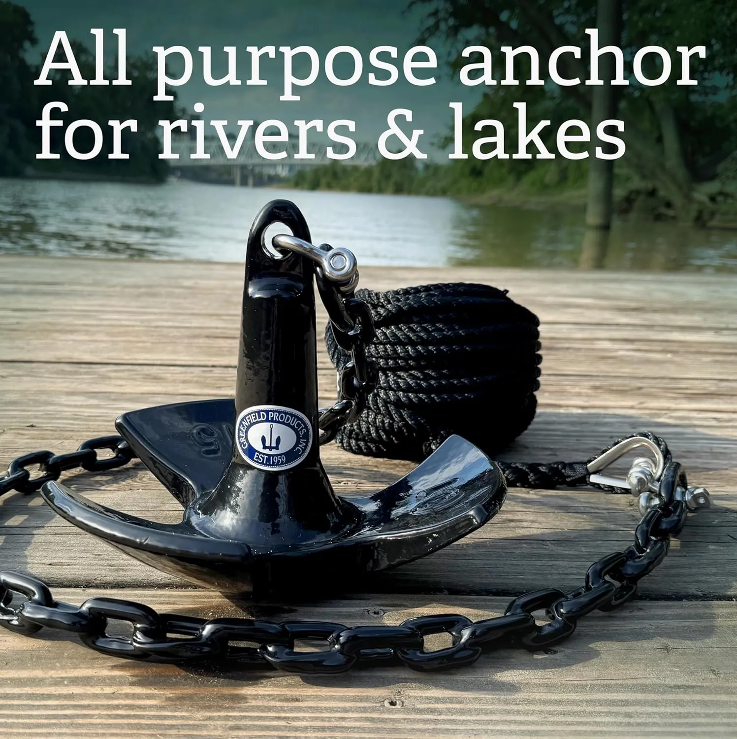 Greenfield Complete River Anchor Kit, USA-Made. Includes Coated Boat Anchor, Poly Coated Anchor Chain, 100 ft Anchor Line, and Shackles. Best for Lakes and Rivers.