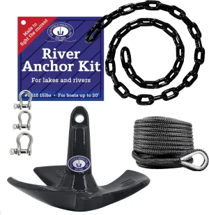 Greenfield Complete River Anchor Kit, USA-Made. Includes Coated Boat Anchor, Poly Coated Anchor Chain, 100 ft Anchor Line, and Shackles. Best for Lakes and Rivers.