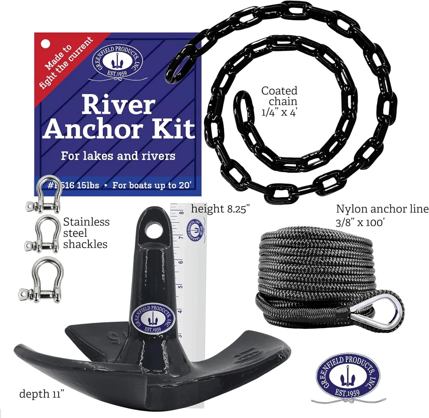 Greenfield Complete River Anchor Kit, USA-Made. Includes Coated Boat Anchor, Poly Coated Anchor Chain, 100 ft Anchor Line, and Shackles. Best for Lakes and Rivers.