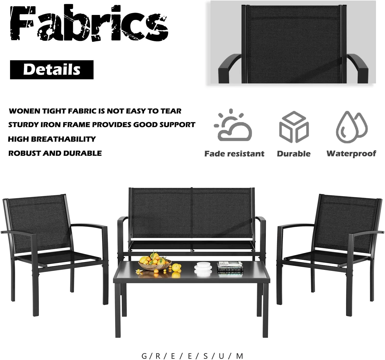 Greesum 4 Pieces Patio Furniture Set, Outdoor Conversation Sets for Patio, Lawn, Garden, Poolside with A Glass Coffee Table, Black