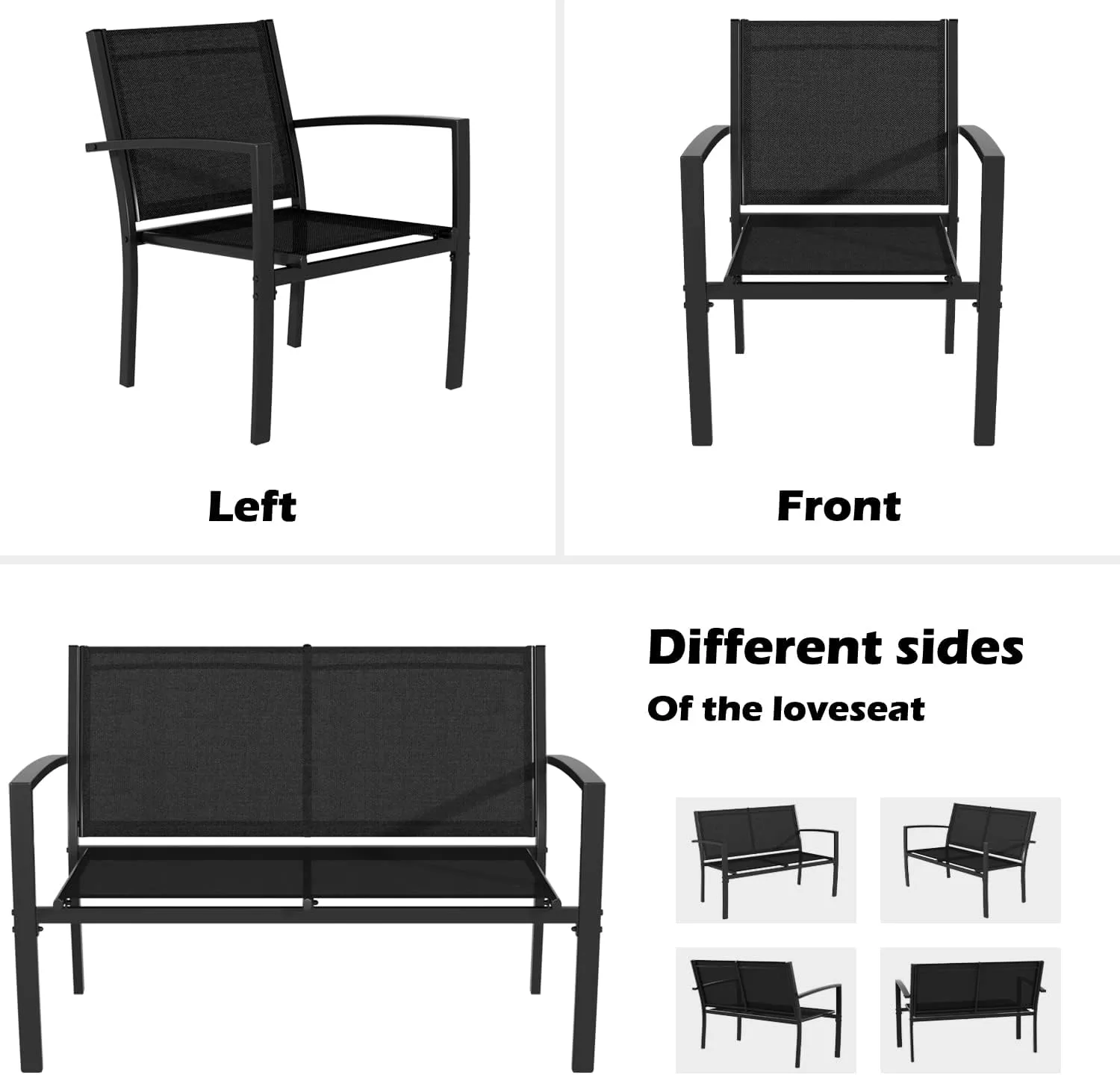 Greesum 4 Pieces Patio Furniture Set, Outdoor Conversation Sets for Patio, Lawn, Garden, Poolside with A Glass Coffee Table, Black