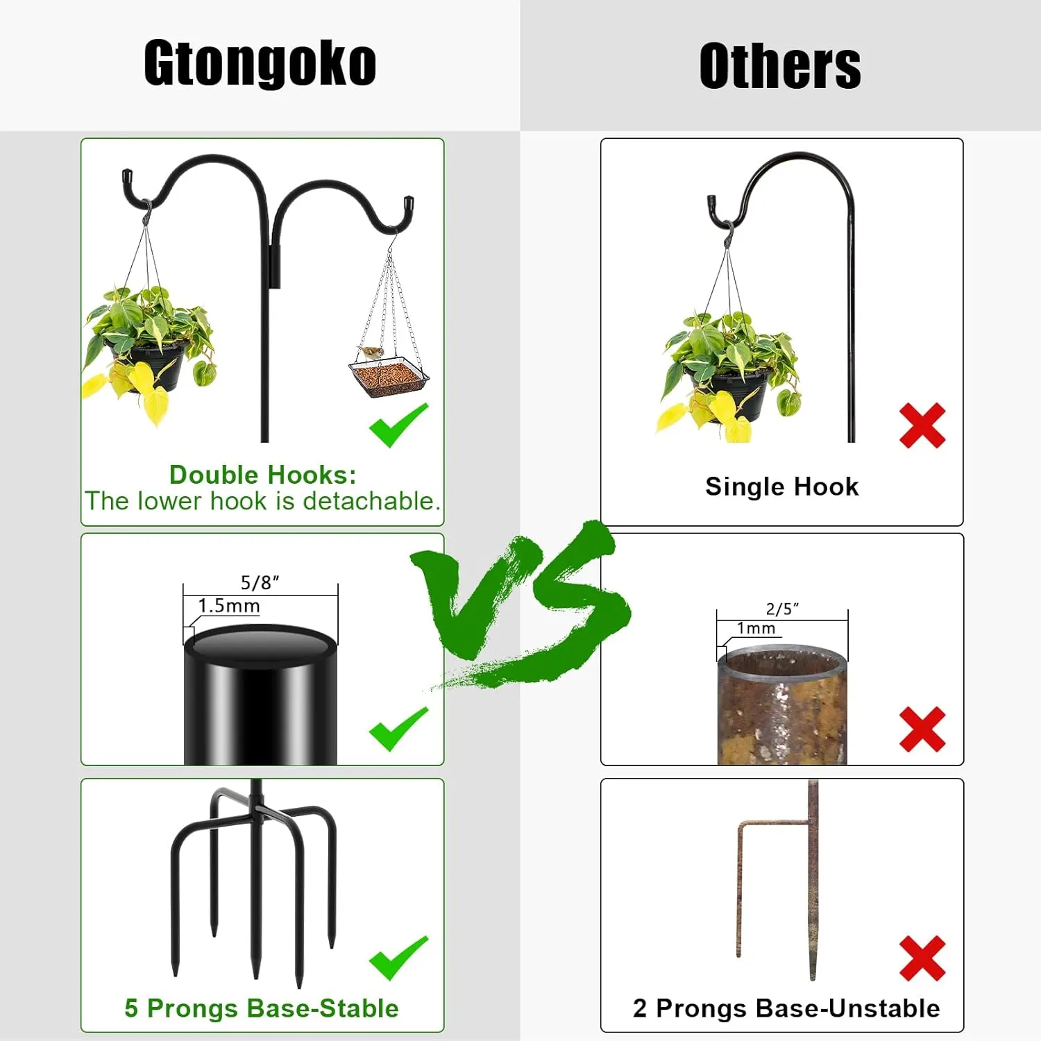 Gtongoko Double Shepherds Hook for Outdoor, 92 Inch Bird Feeder Pole with 5 Prongs Base, 5/8 Inch Thick Heavy Duty Adjustable Garden Hook for Hanging Plant, Lantern, Hummingbird Feeder, 1 Pack