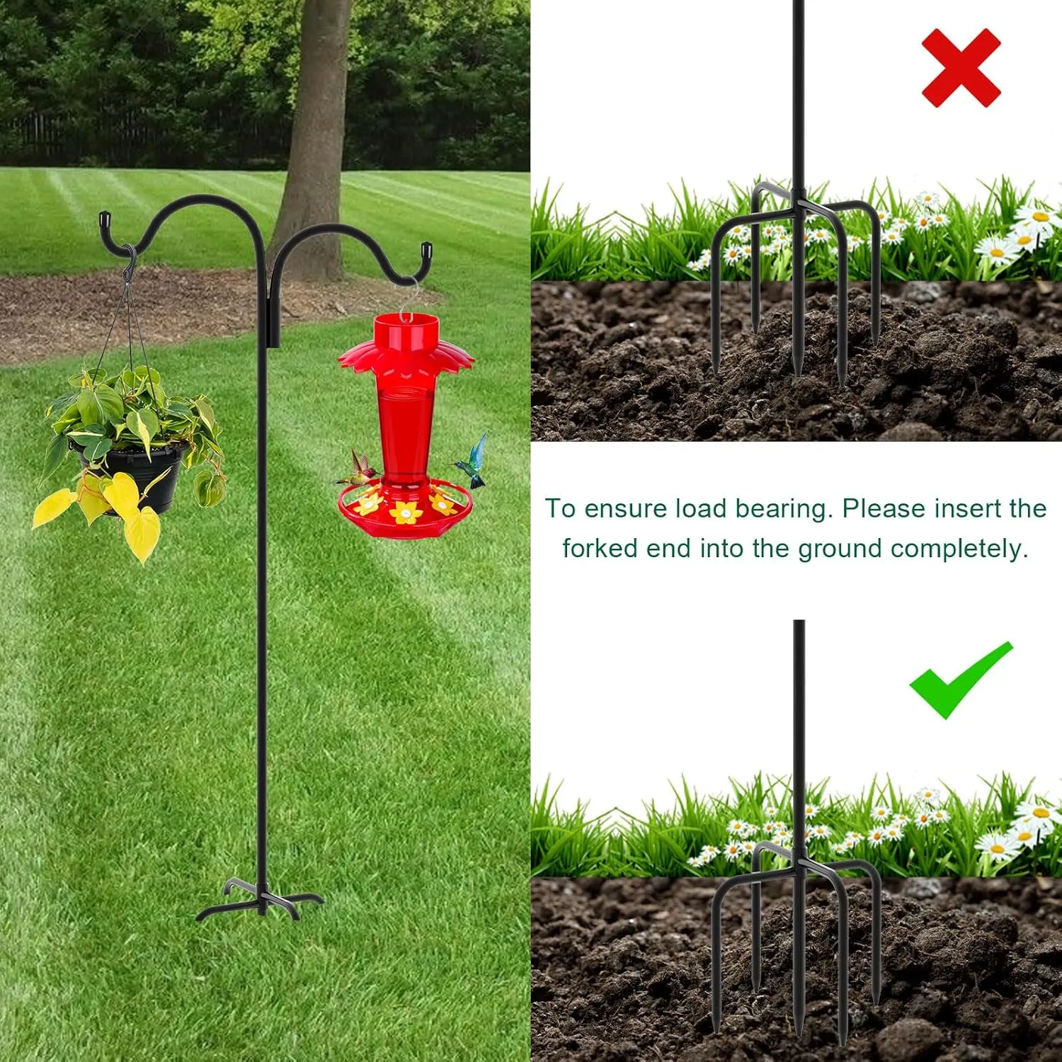 Gtongoko Double Shepherds Hook for Outdoor, 92 Inch Bird Feeder Pole with 5 Prongs Base, 5/8 Inch Thick Heavy Duty Adjustable Garden Hook for Hanging Plant, Lantern, Hummingbird Feeder, 1 Pack