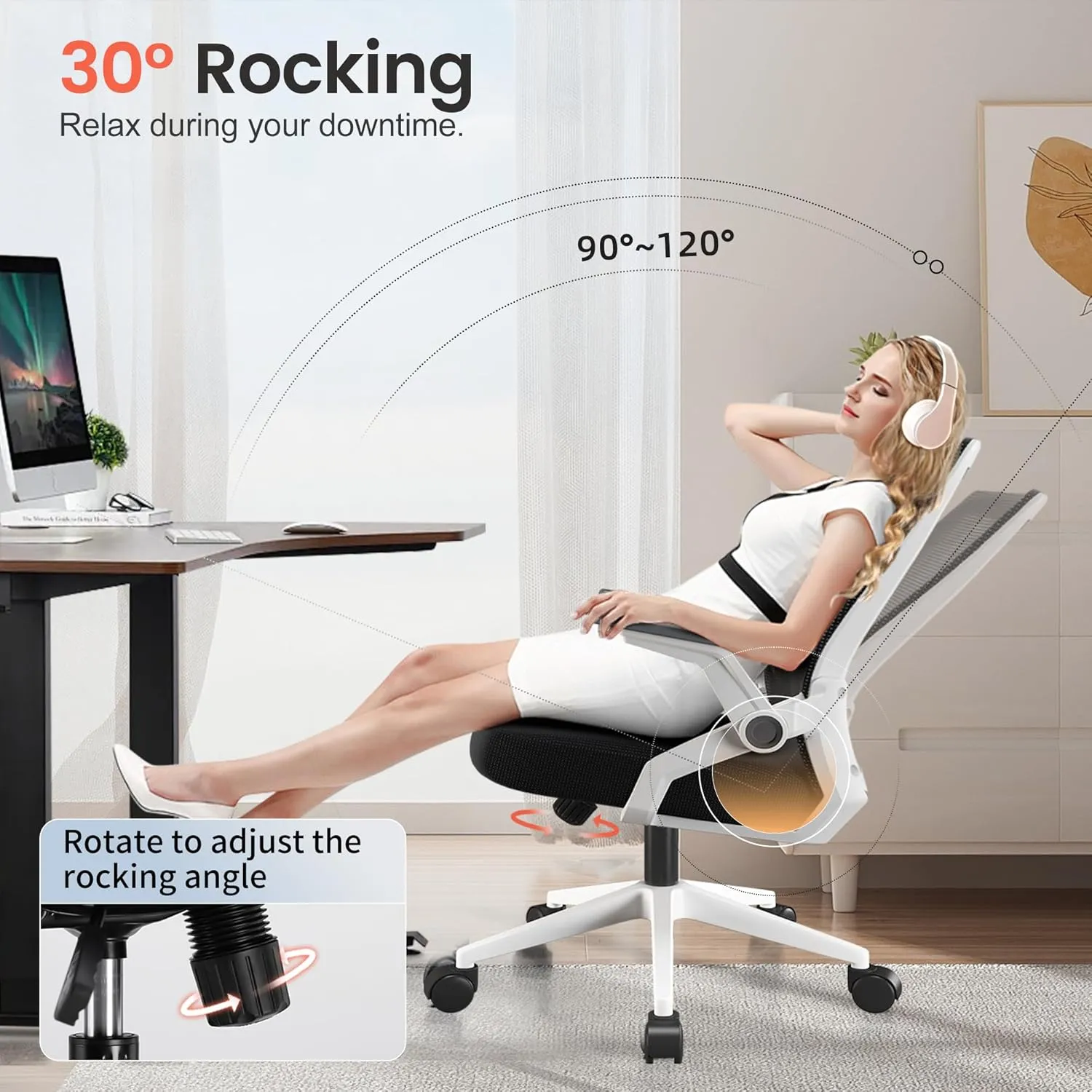 GTRACING Ergonomic Office Chair with Flip-up Armrests Executive Computer Chair for Home Office, Breathable Mesh & Adaptive Lumbar Support, White