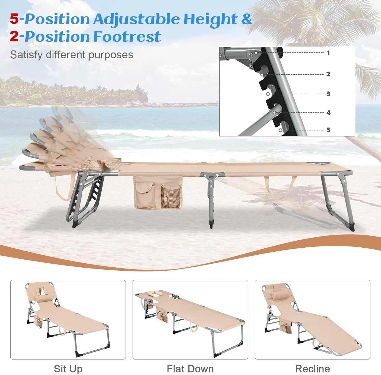 GYMAX Tanning Chair, Folding Lounger with Face/Arm Holes, Carry Handles & Side Pocket, Portable Lightweight Layout Beach Chair for Outdoor/Indoor, Face Down Sun Lounger (1, Sand)