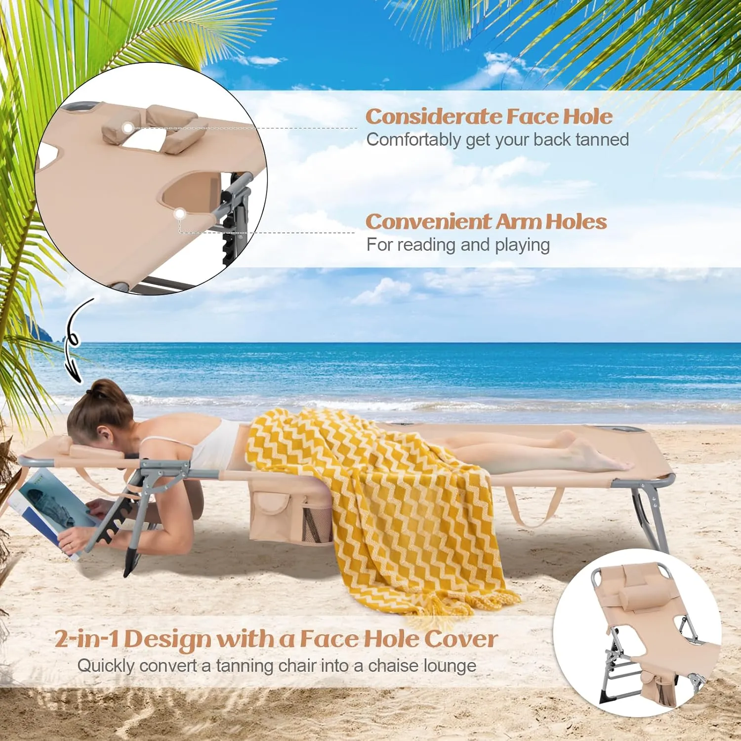 GYMAX Tanning Chair, Folding Lounger with Face/Arm Holes, Carry Handles & Side Pocket, Portable Lightweight Layout Beach Chair for Outdoor/Indoor, Face Down Sun Lounger (1, Sand)