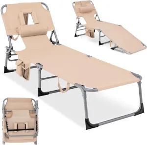 GYMAX Tanning Chair, Folding Lounger with Face/Arm Holes, Carry Handles & Side Pocket, Portable Lightweight Layout Beach Chair for Outdoor/Indoor, Face Down Sun Lounger (1, Sand)