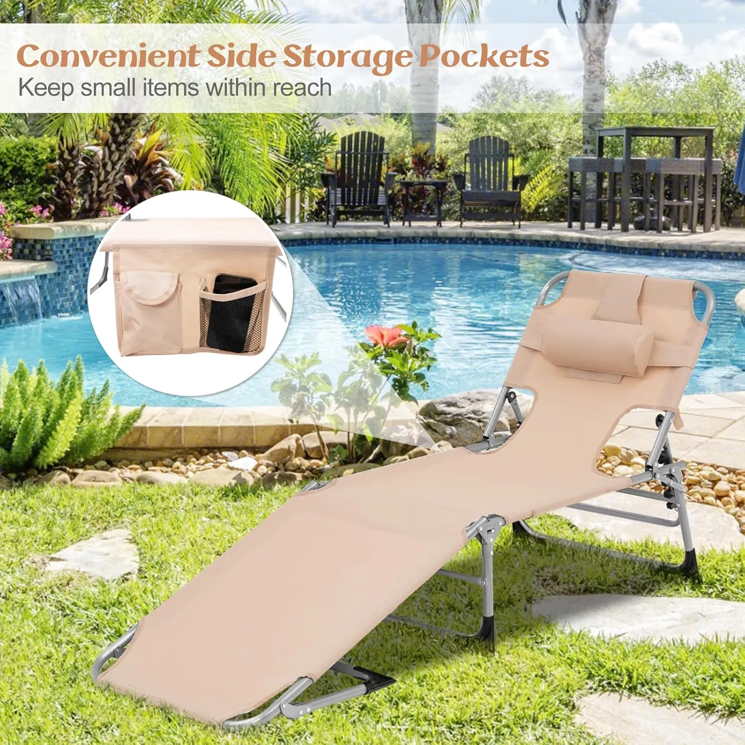 GYMAX Tanning Chair, Folding Lounger with Face/Arm Holes, Carry Handles & Side Pocket, Portable Lightweight Layout Beach Chair for Outdoor/Indoor, Face Down Sun Lounger (1, Sand)