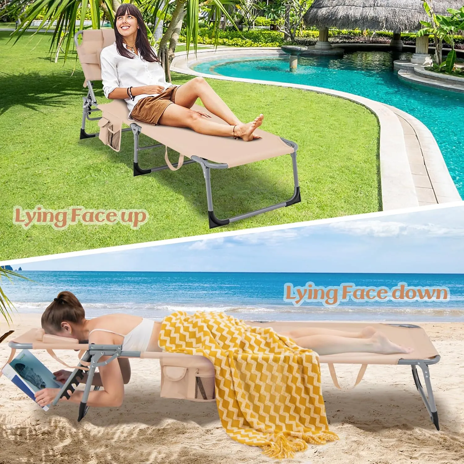 GYMAX Tanning Chair, Folding Lounger with Face/Arm Holes, Carry Handles & Side Pocket, Portable Lightweight Layout Beach Chair for Outdoor/Indoor, Face Down Sun Lounger (1, Sand)