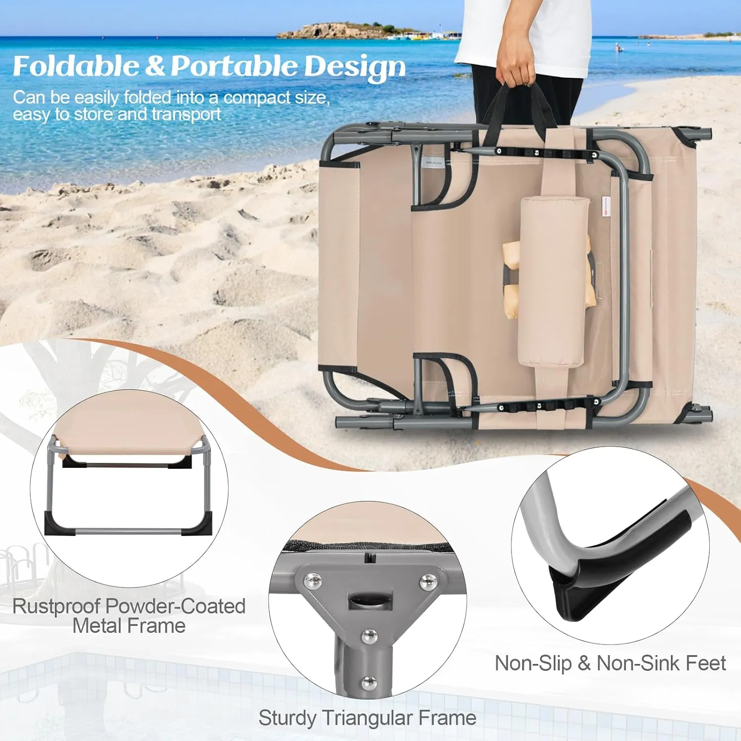 GYMAX Tanning Chair, Folding Lounger with Face/Arm Holes, Carry Handles & Side Pocket, Portable Lightweight Layout Beach Chair for Outdoor/Indoor, Face Down Sun Lounger (1, Sand)