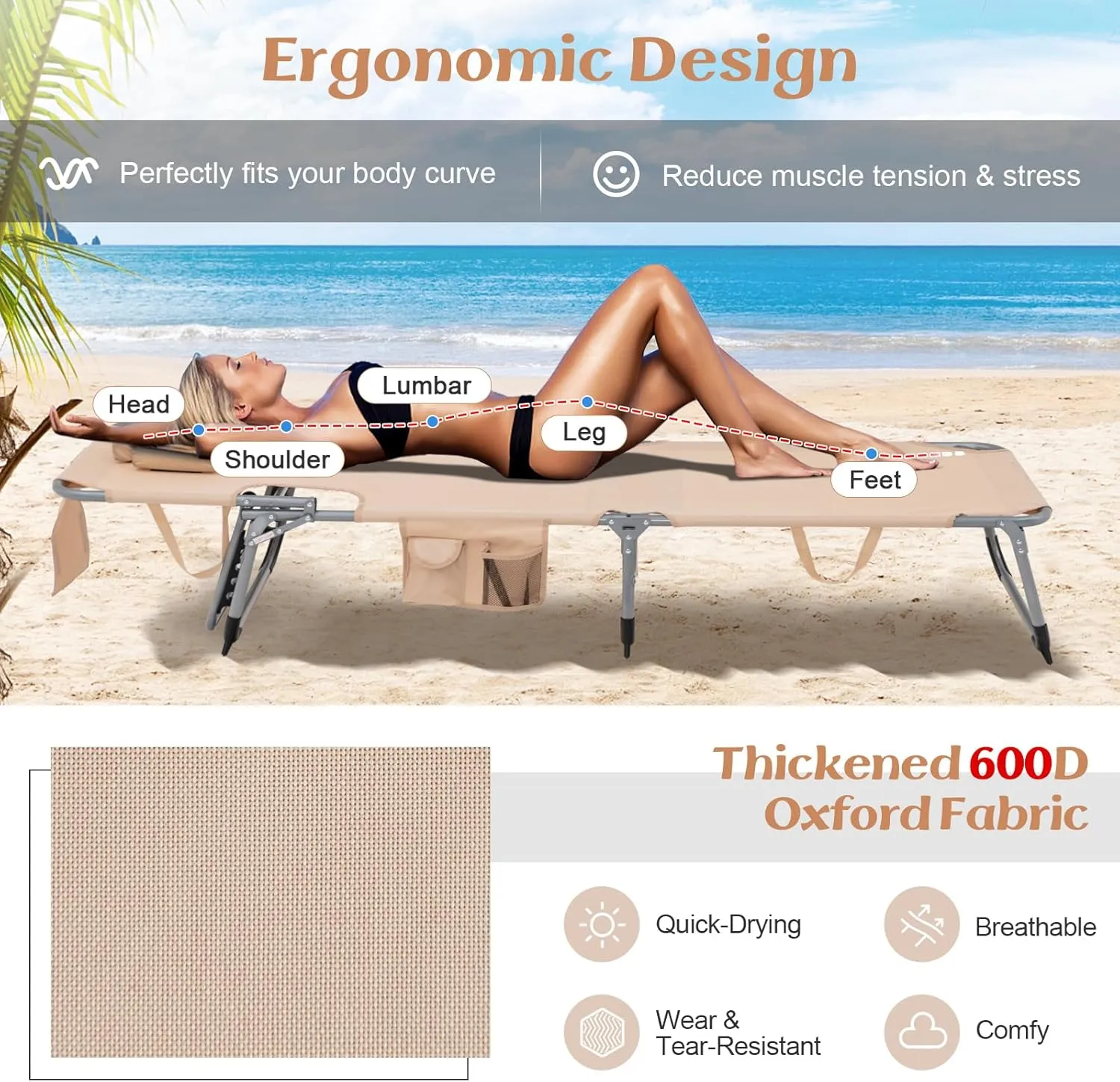 GYMAX Tanning Chair, Folding Lounger with Face/Arm Holes, Carry Handles & Side Pocket, Portable Lightweight Layout Beach Chair for Outdoor/Indoor, Face Down Sun Lounger (1, Sand)
