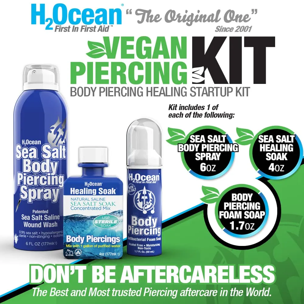 H2Ocean Complete Sea Salt Saline Vegan Body Piercing Healing and Cleansing Kit for Ear, Nose, Bellybutton, and All Body Piercings