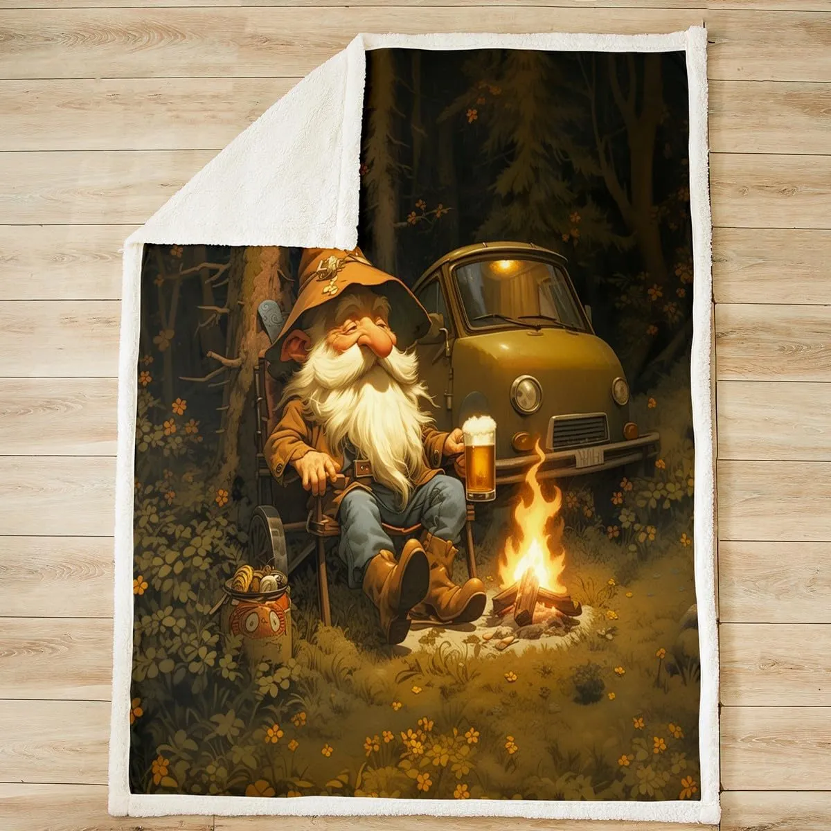 Happy Camping Gnome Fleece Blanket,Nature Adventure Trailer Campfire Throw Blanket for Sofa Adults,Rustic Jungle Beer Gnome Vintage Soft Blanket Bed Couch,Queen (90 x 90 Inches)