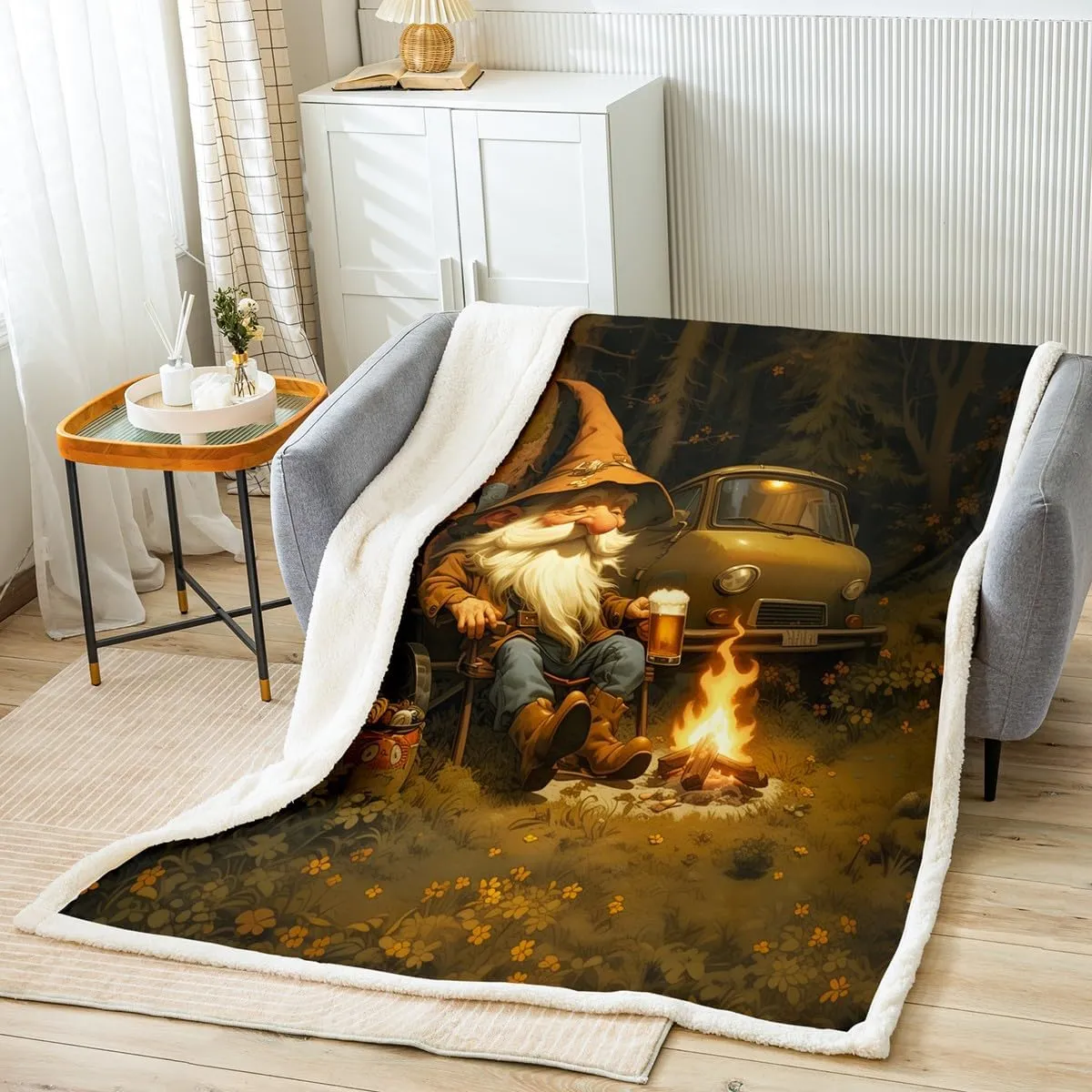 Happy Camping Gnome Fleece Blanket,Nature Adventure Trailer Campfire Throw Blanket for Sofa Adults,Rustic Jungle Beer Gnome Vintage Soft Blanket Bed Couch,Queen (90 x 90 Inches)